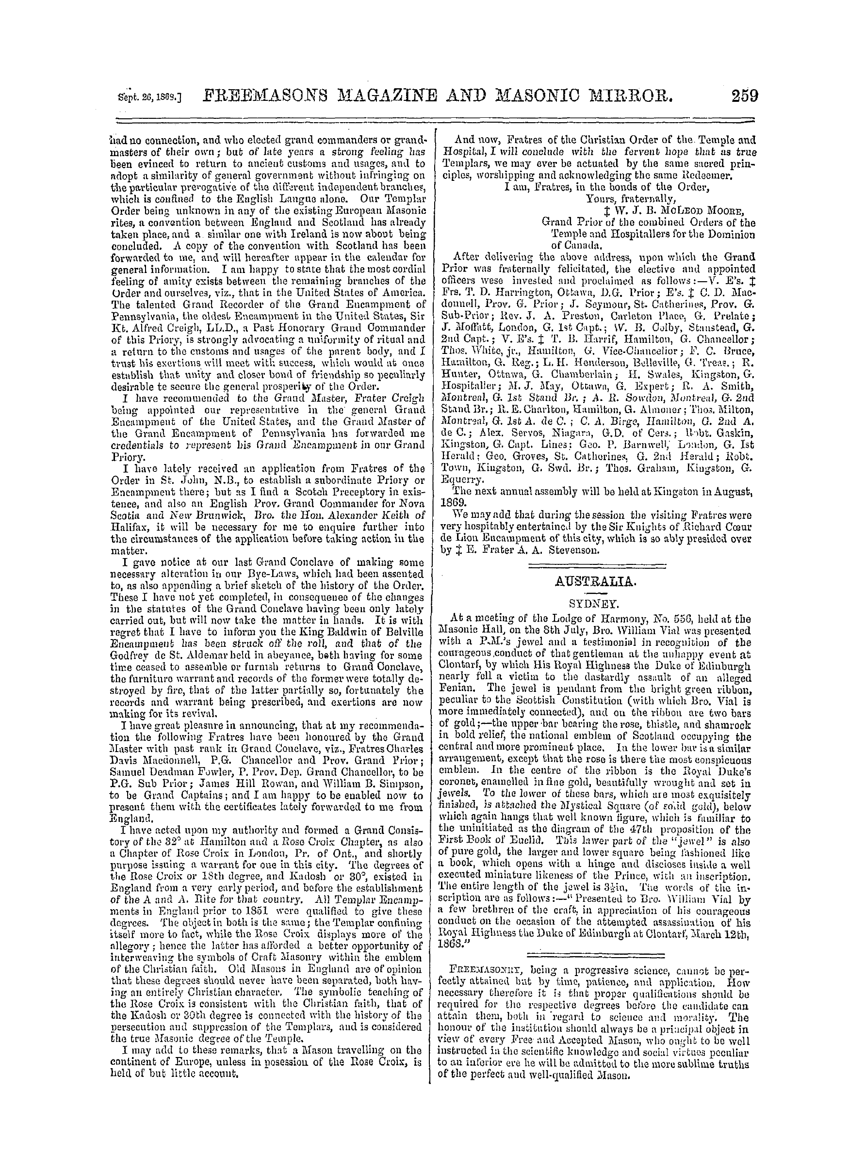 The Freemasons' Monthly Magazine: 1868-09-26 - British America.