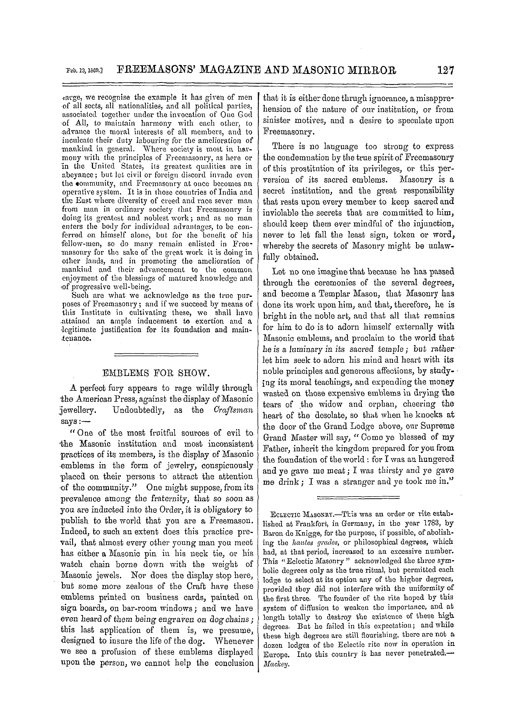 The Freemasons' Monthly Magazine: 1869-02-13: 7