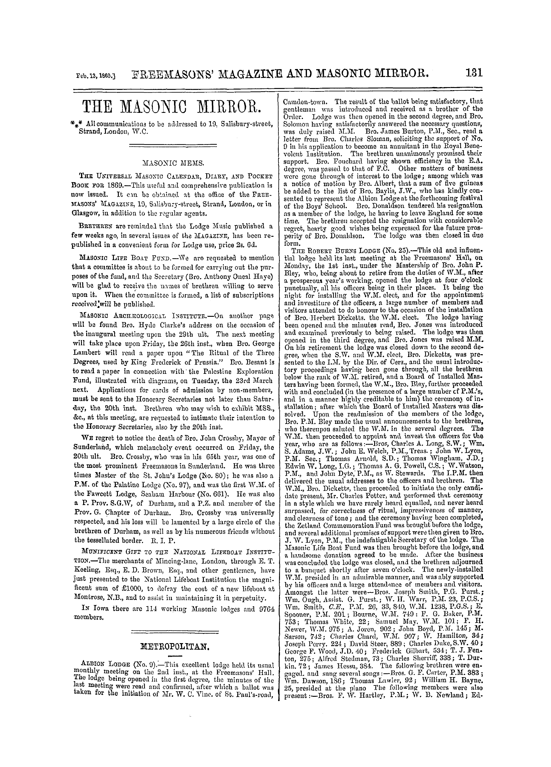The Freemasons' Monthly Magazine: 1869-02-13: 11