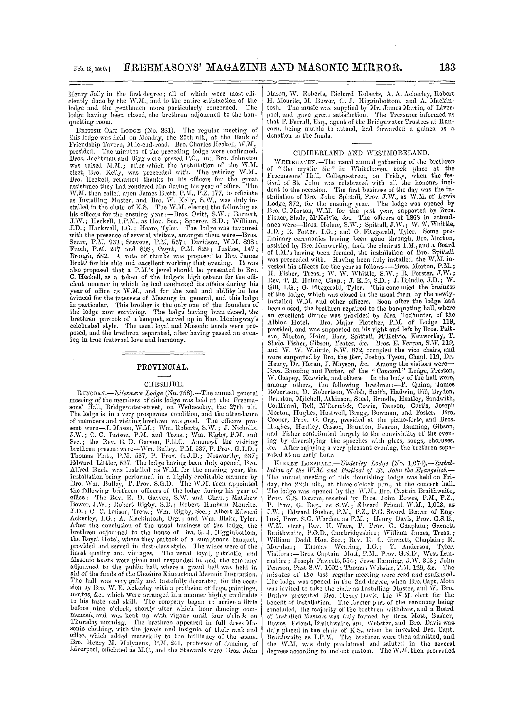 The Freemasons' Monthly Magazine: 1869-02-13 - Provincial.