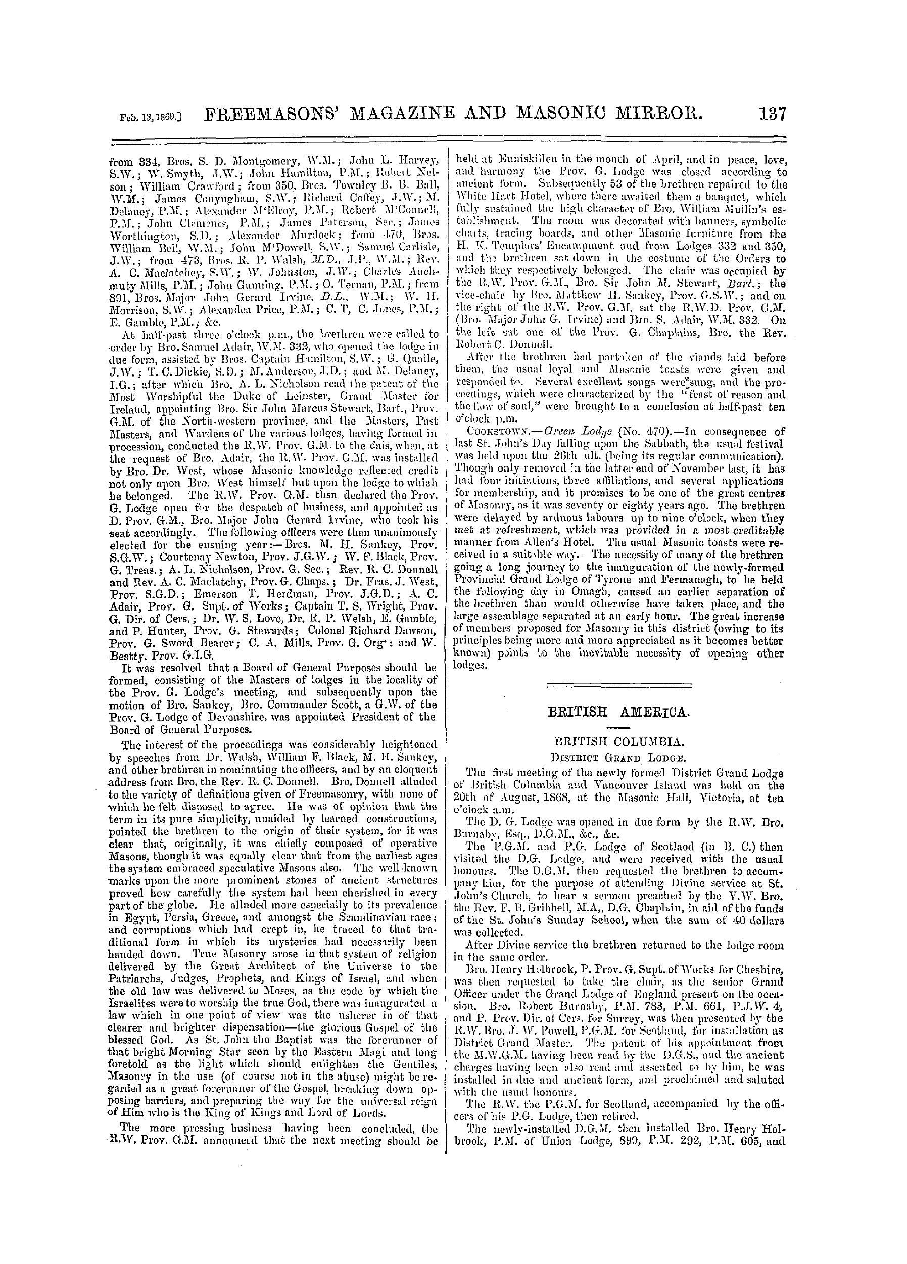 The Freemasons' Monthly Magazine: 1869-02-13 - British America.
