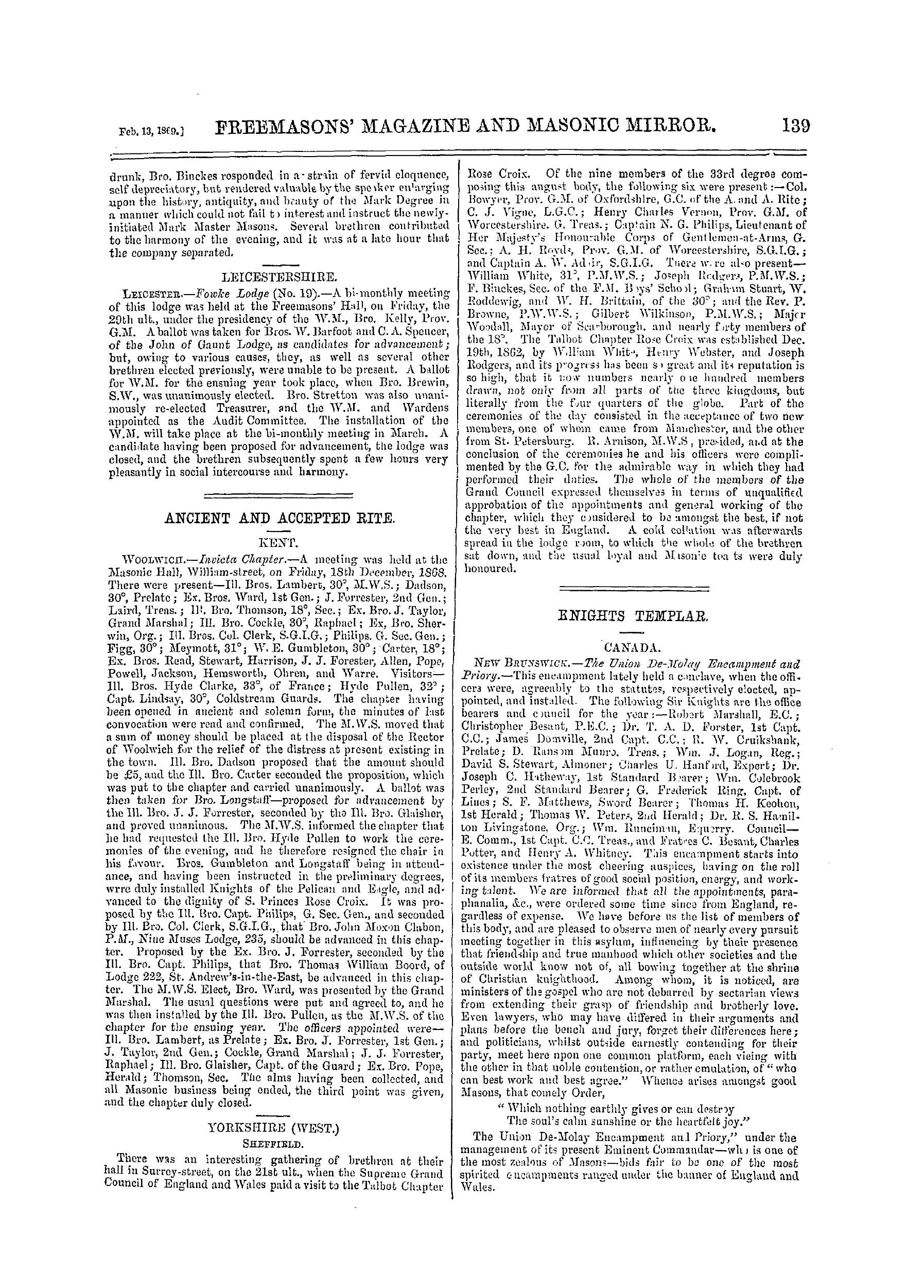 The Freemasons' Monthly Magazine: 1869-02-13: 19