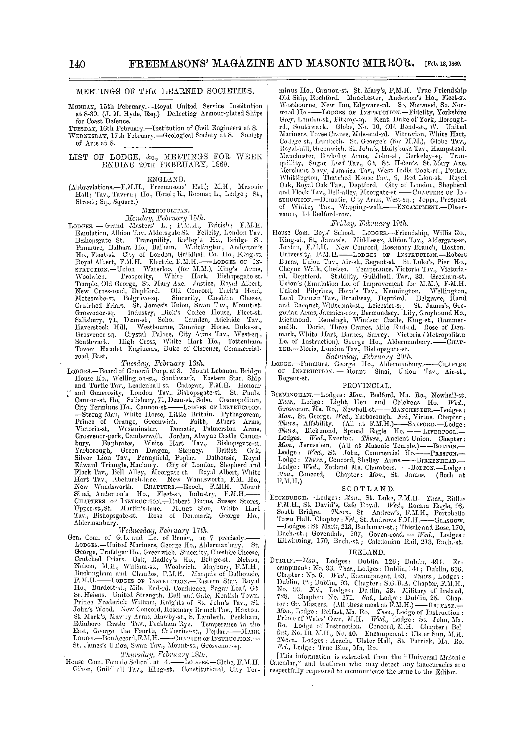 The Freemasons' Monthly Magazine: 1869-02-13: 20