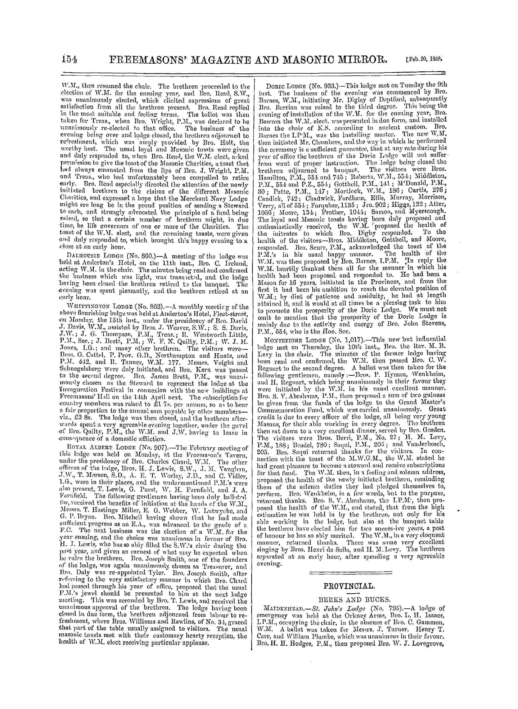 The Freemasons' Monthly Magazine: 1869-02-20 - Provincial.