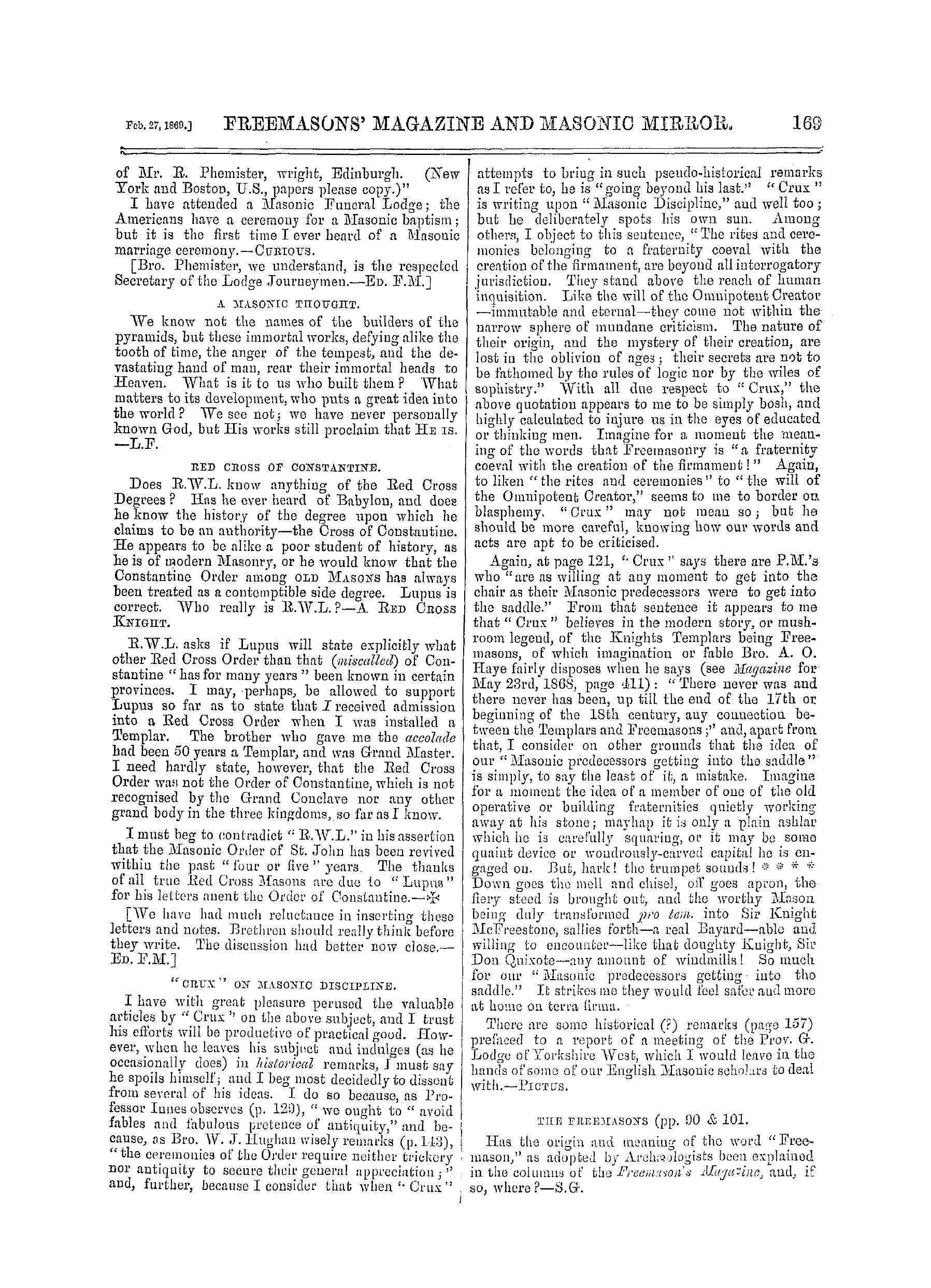 The Freemasons' Monthly Magazine: 1869-02-27: 9