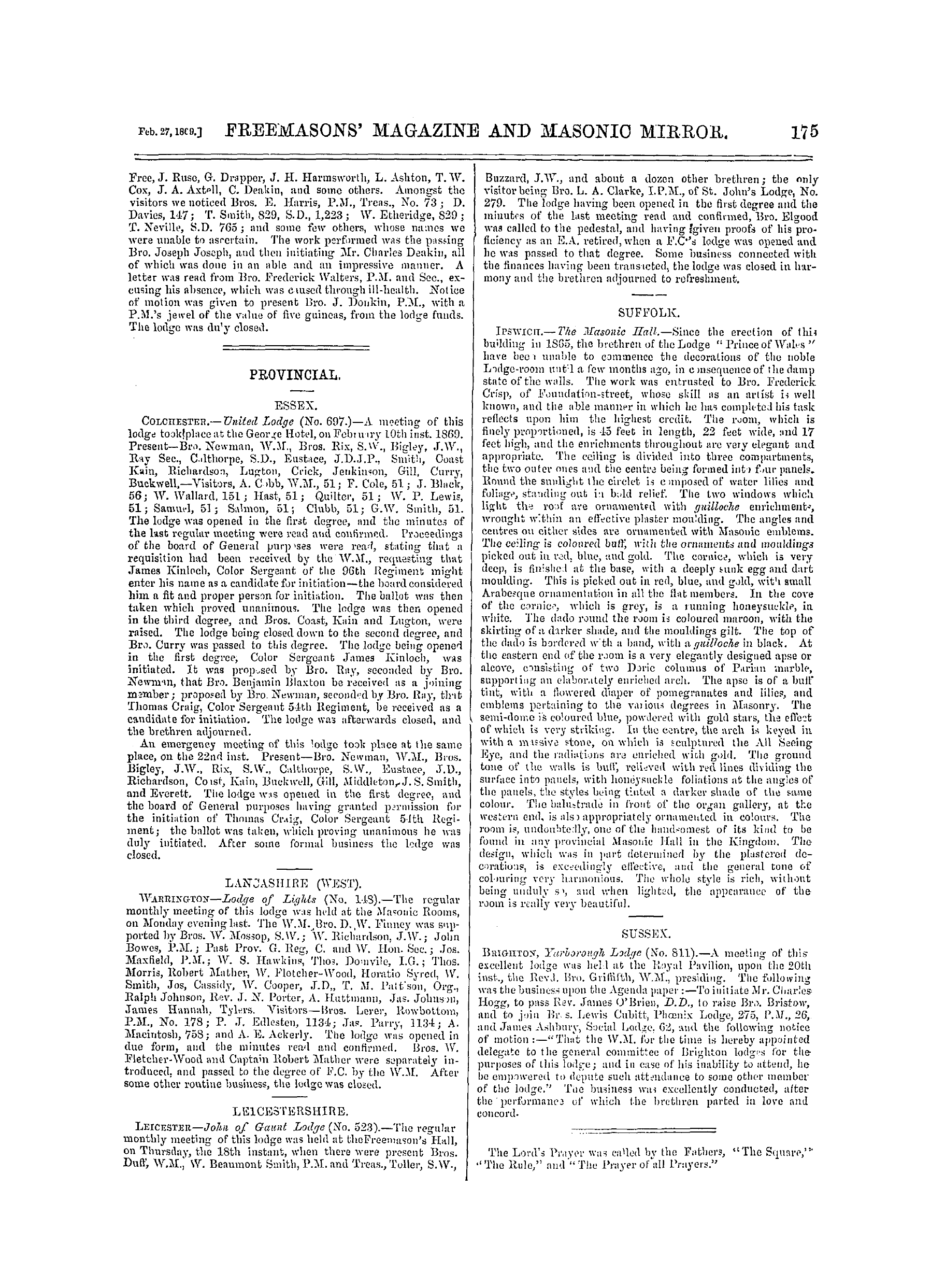 The Freemasons' Monthly Magazine: 1869-02-27 - Metropolitan.