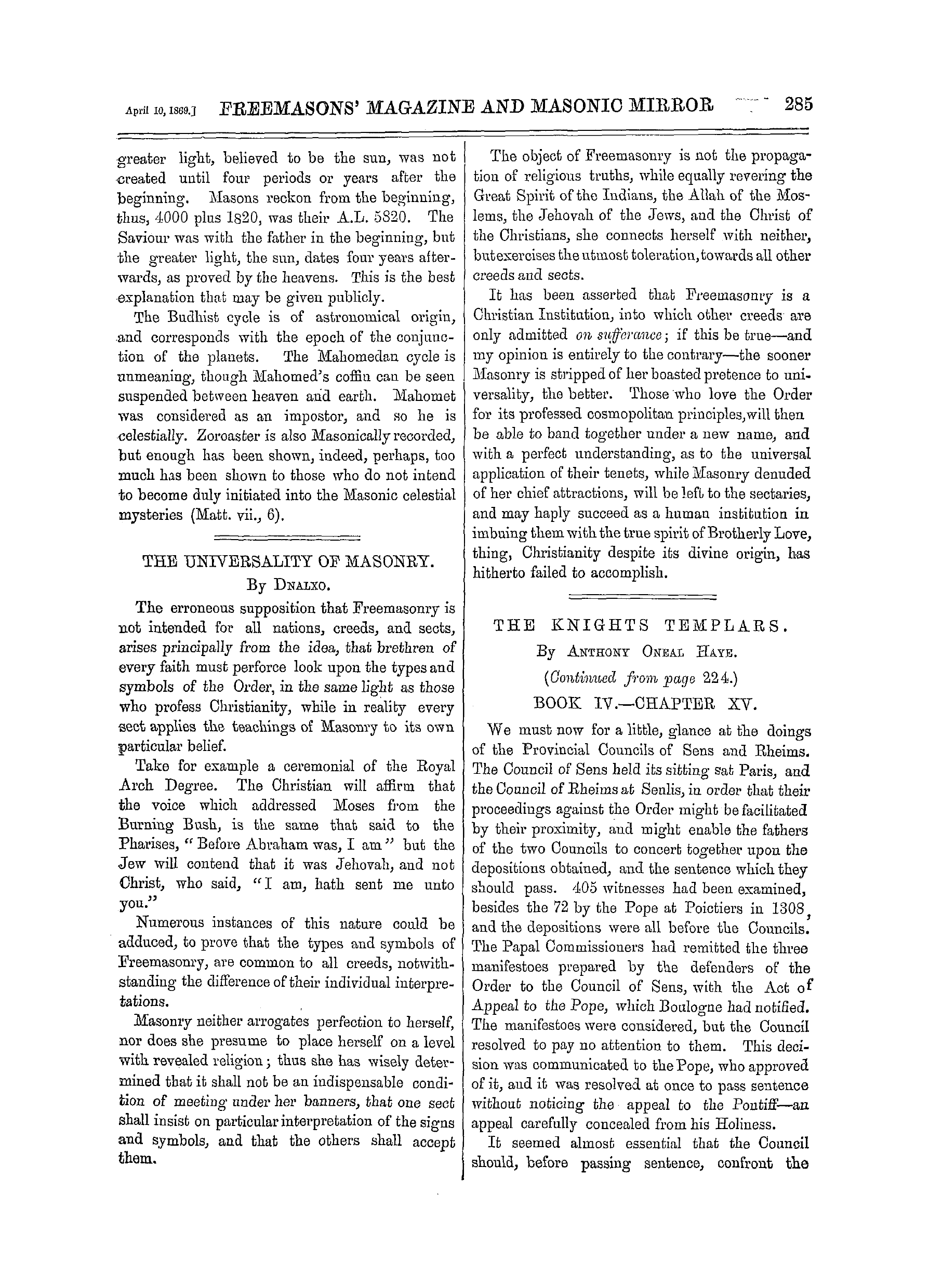 The Freemasons' Monthly Magazine: 1869-04-10 - The Knights Templars.