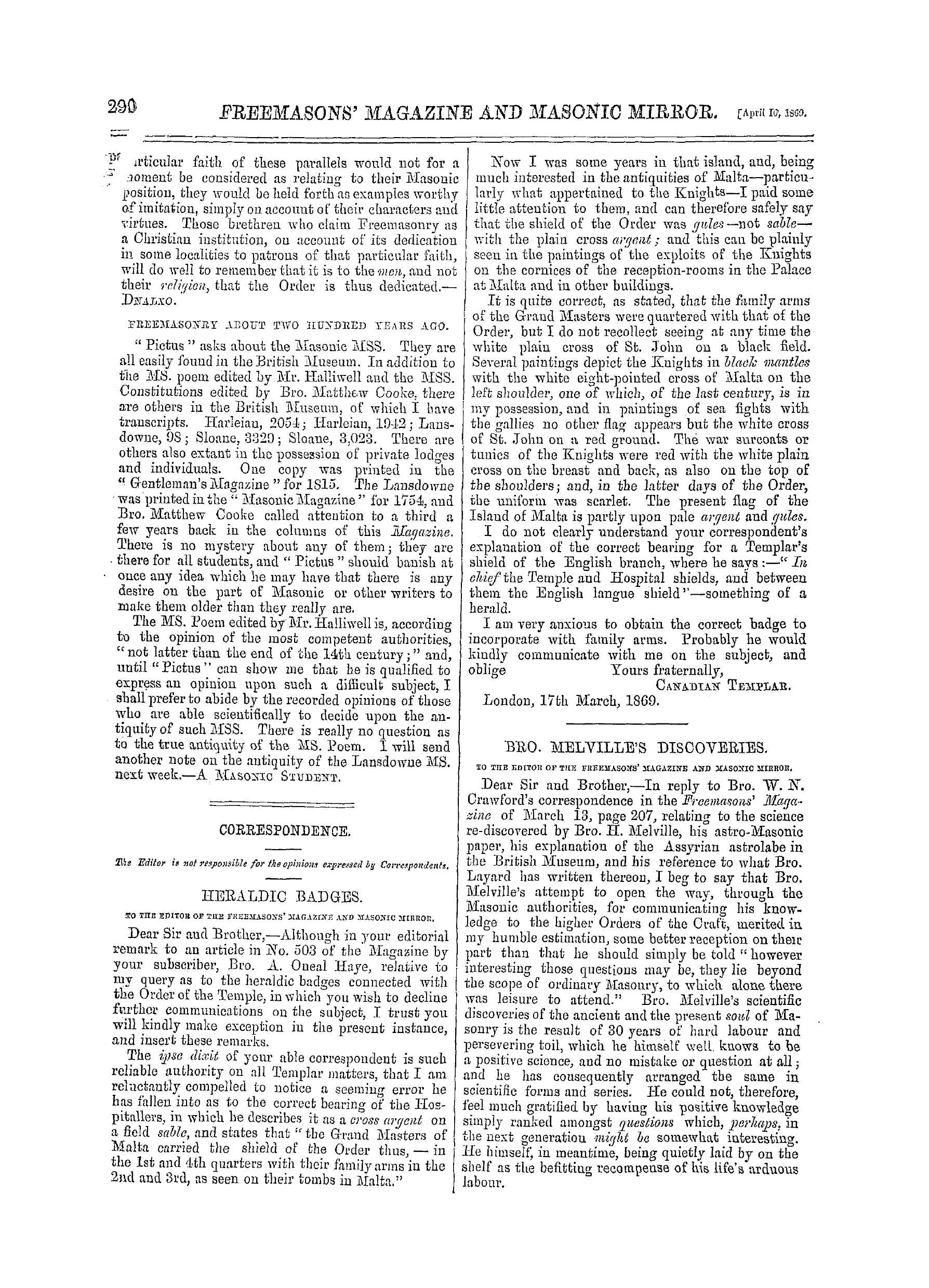 The Freemasons' Monthly Magazine: 1869-04-10 - Correspondence.