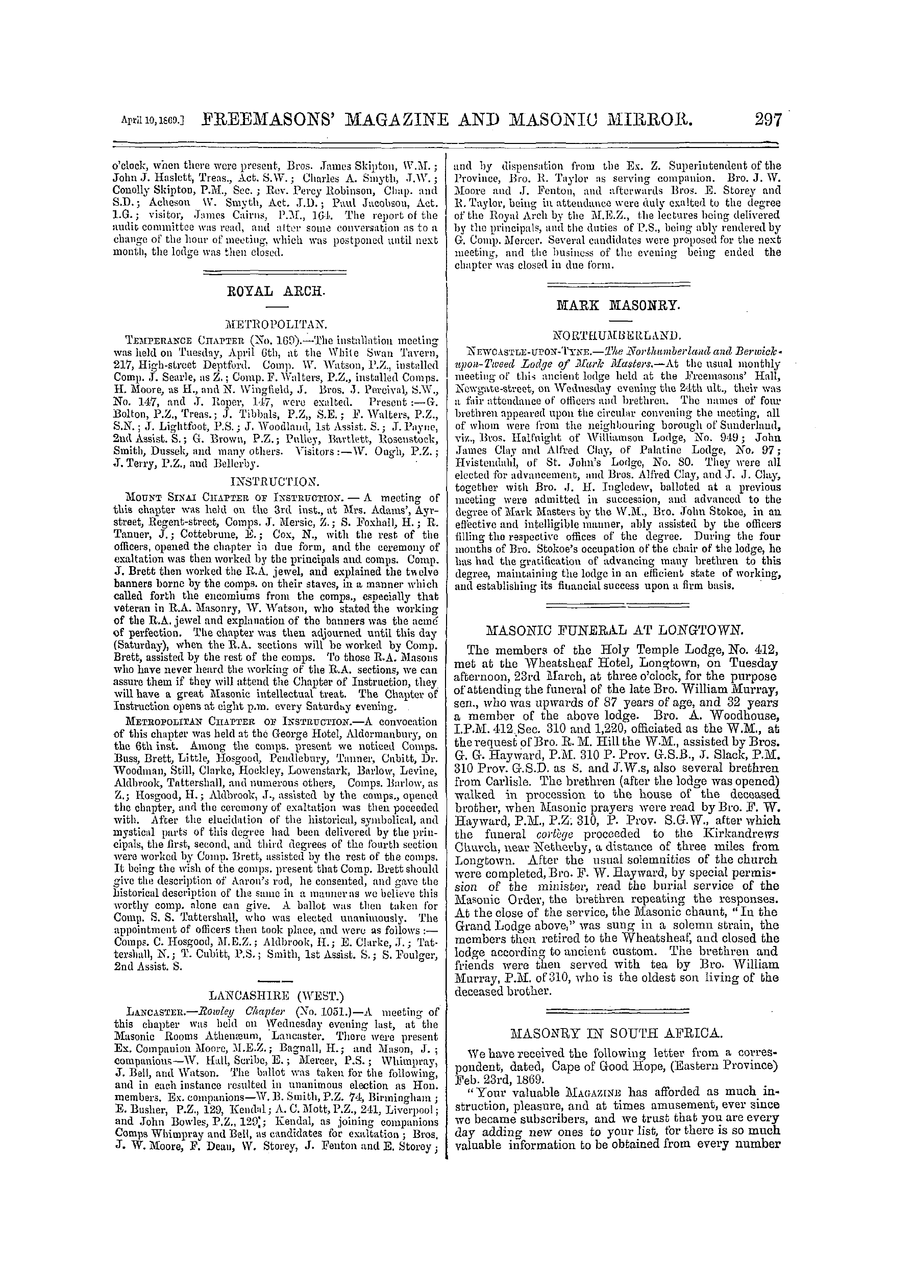 The Freemasons' Monthly Magazine: 1869-04-10 - Ireland.