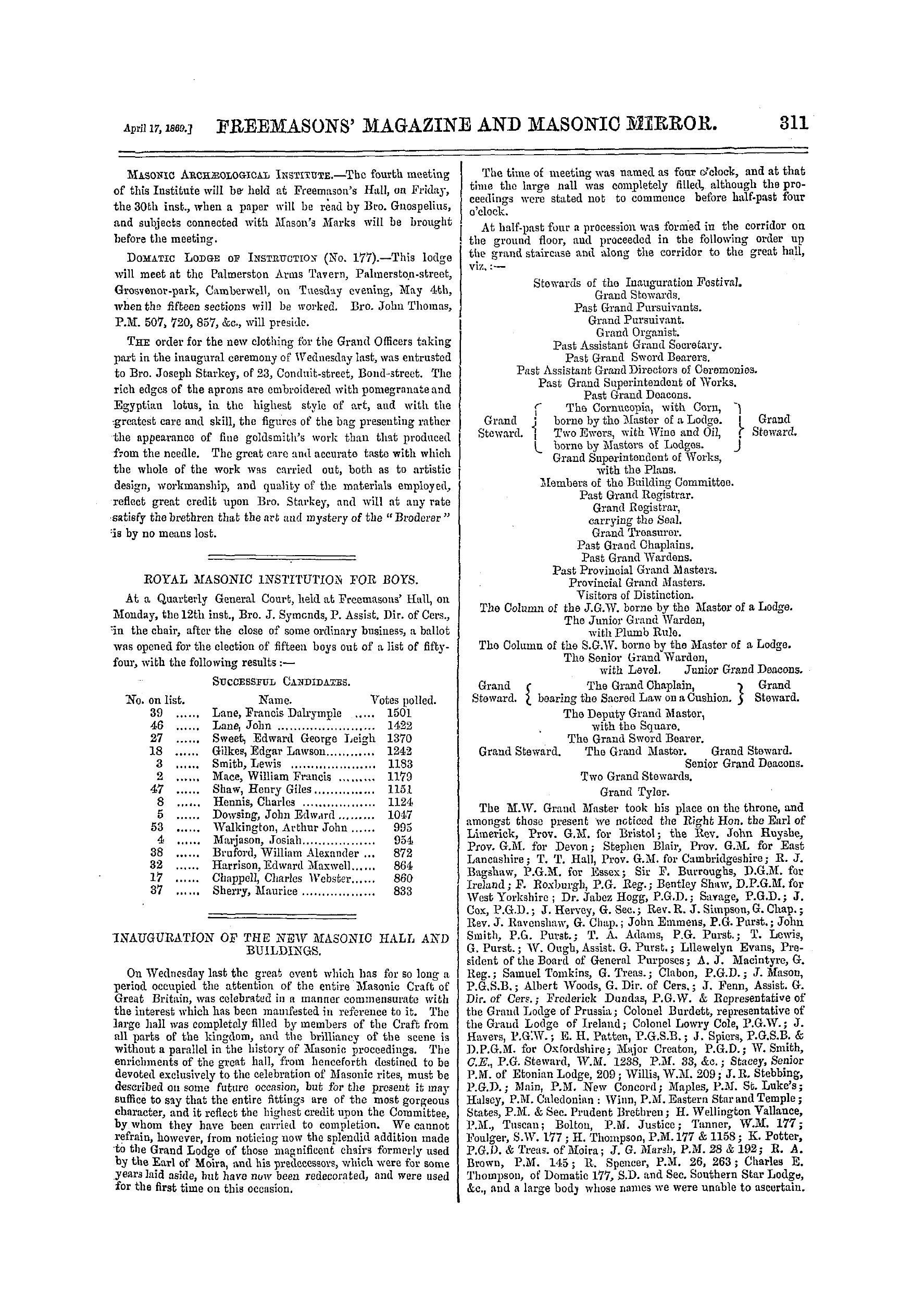 The Freemasons' Monthly Magazine: 1869-04-17 - The Masonic Mirror.