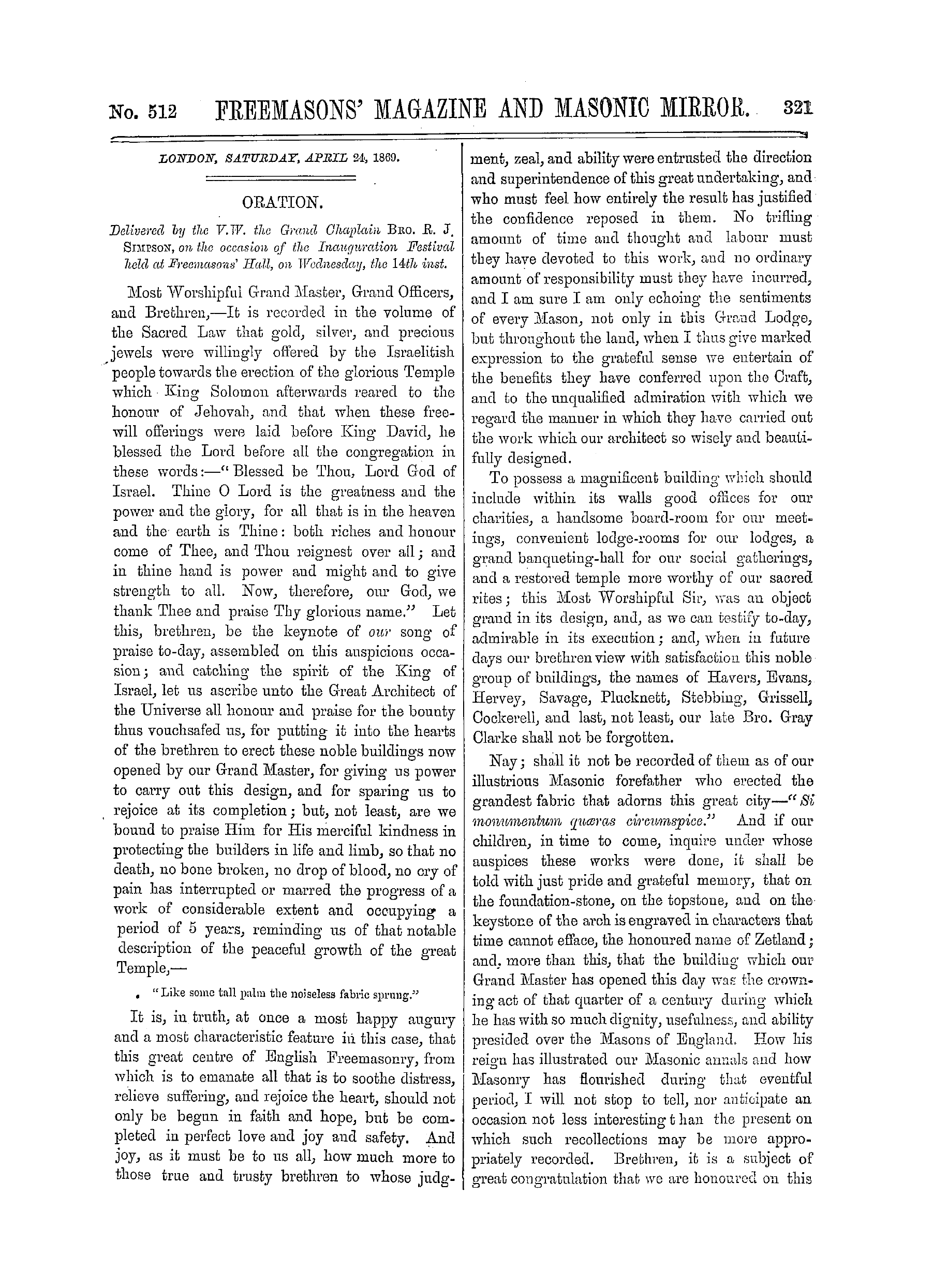 The Freemasons' Monthly Magazine: 1869-04-24 - Oration.