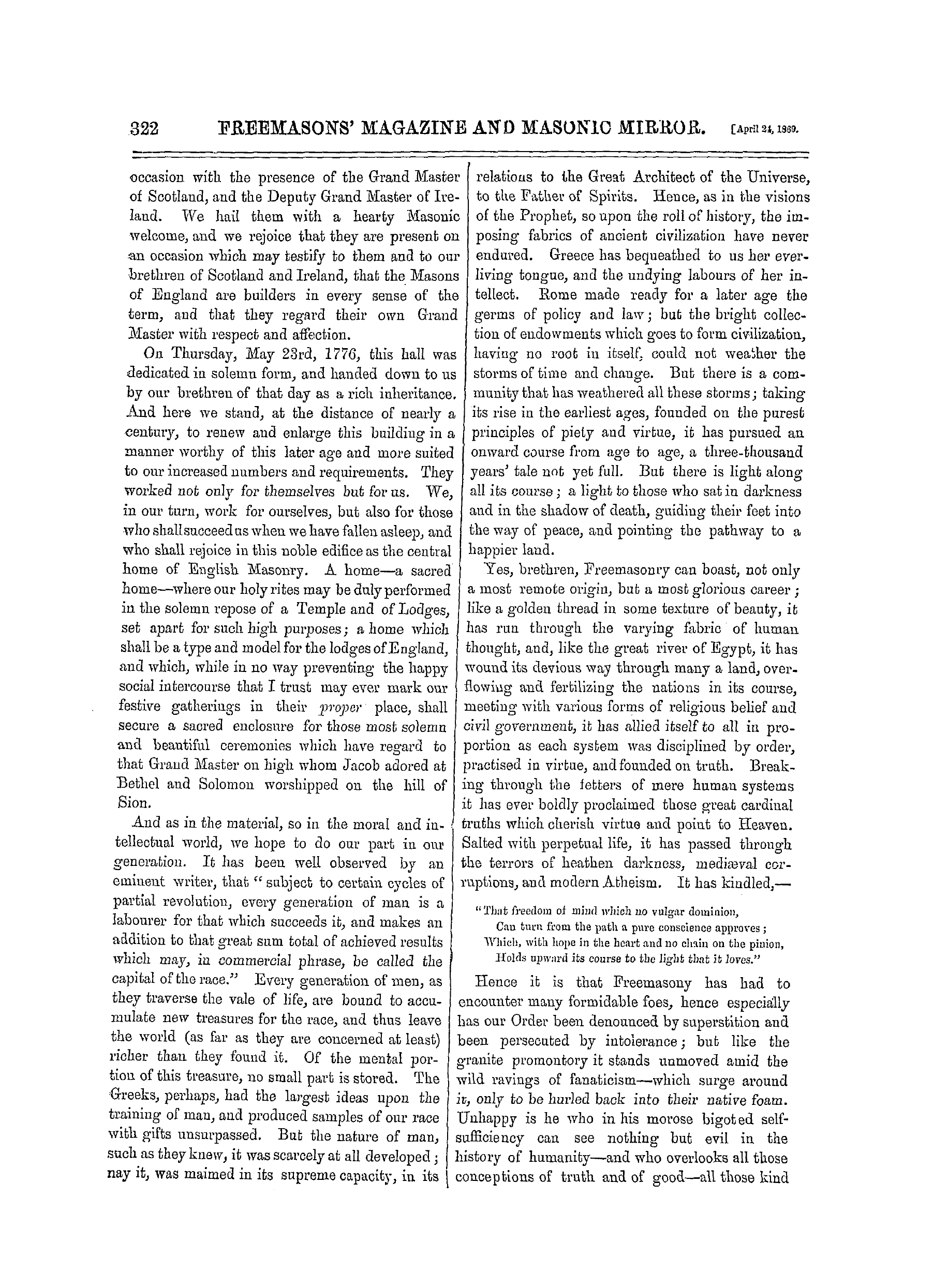 The Freemasons' Monthly Magazine: 1869-04-24 - Oration.