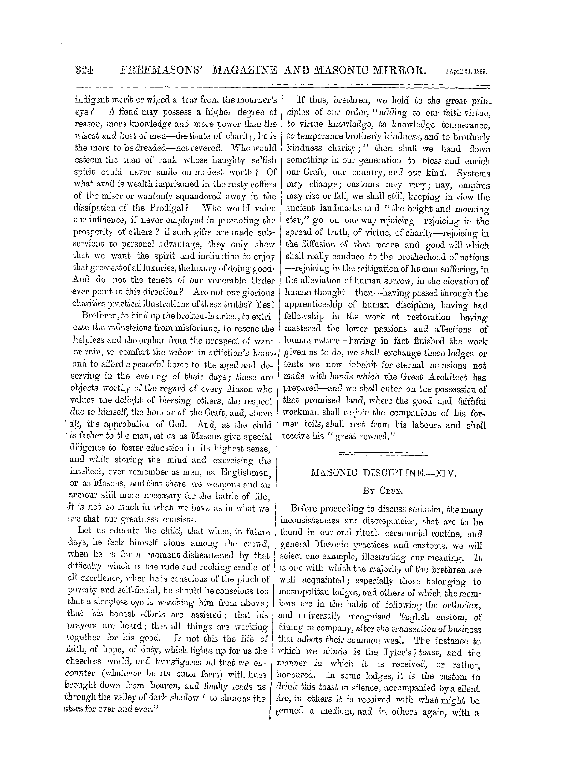 The Freemasons' Monthly Magazine: 1869-04-24 - Oration.