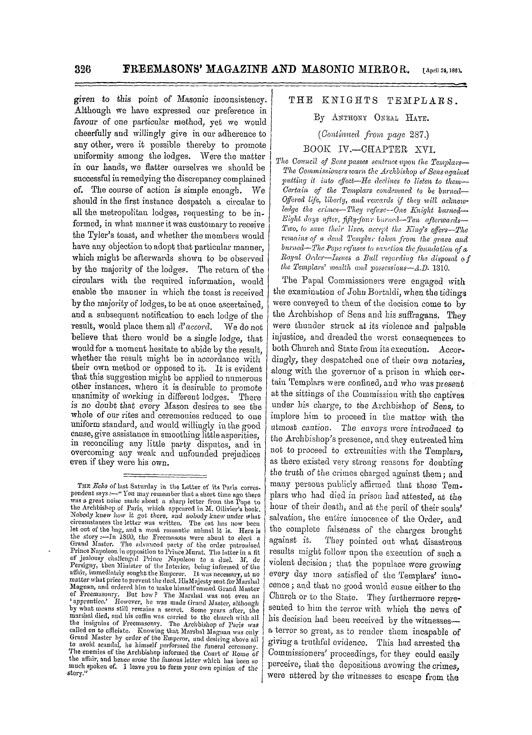 The Freemasons' Monthly Magazine: 1869-04-24 - The Knights Templars.