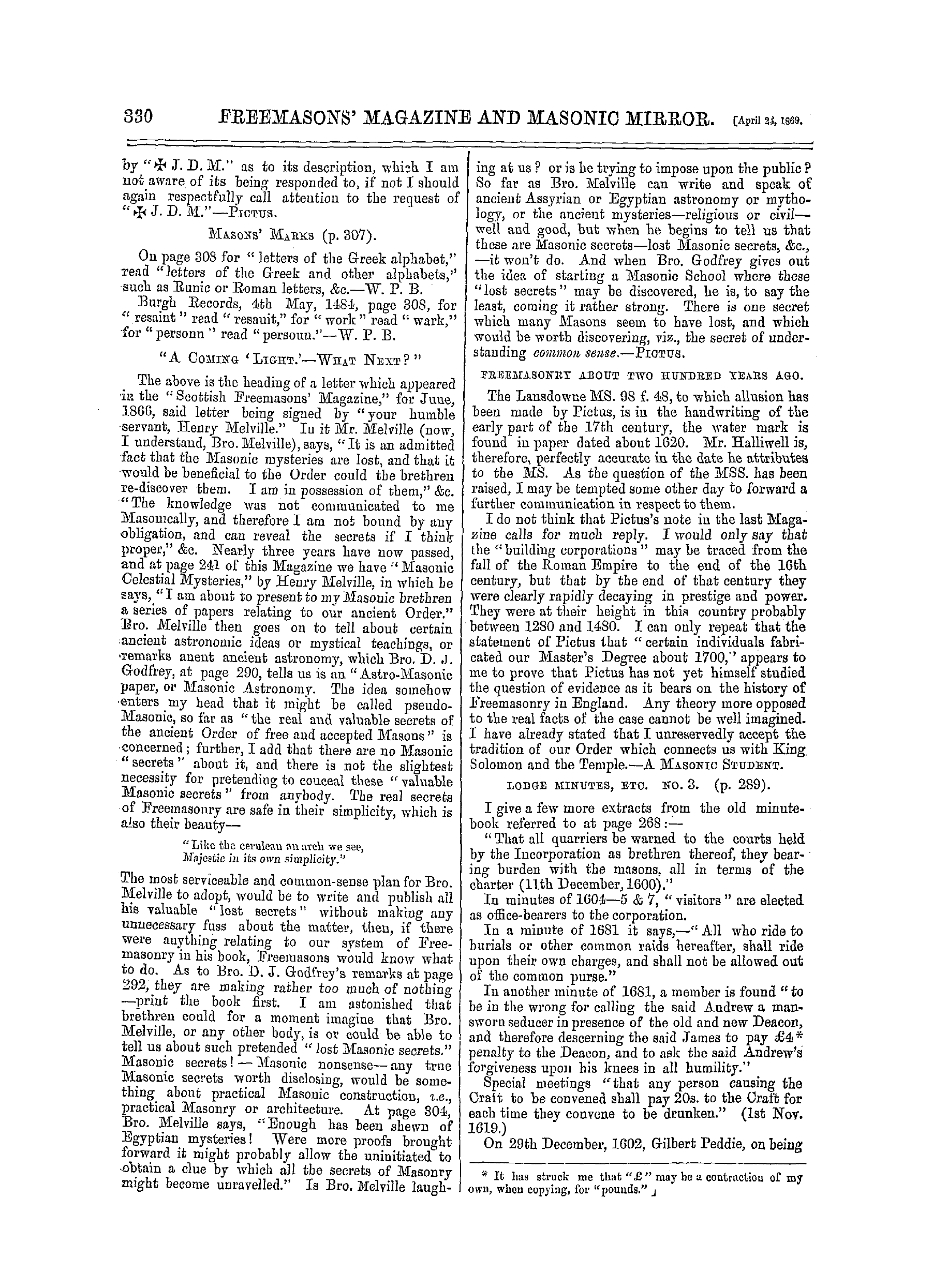 The Freemasons' Monthly Magazine: 1869-04-24 - Masonic Notes And Queries.