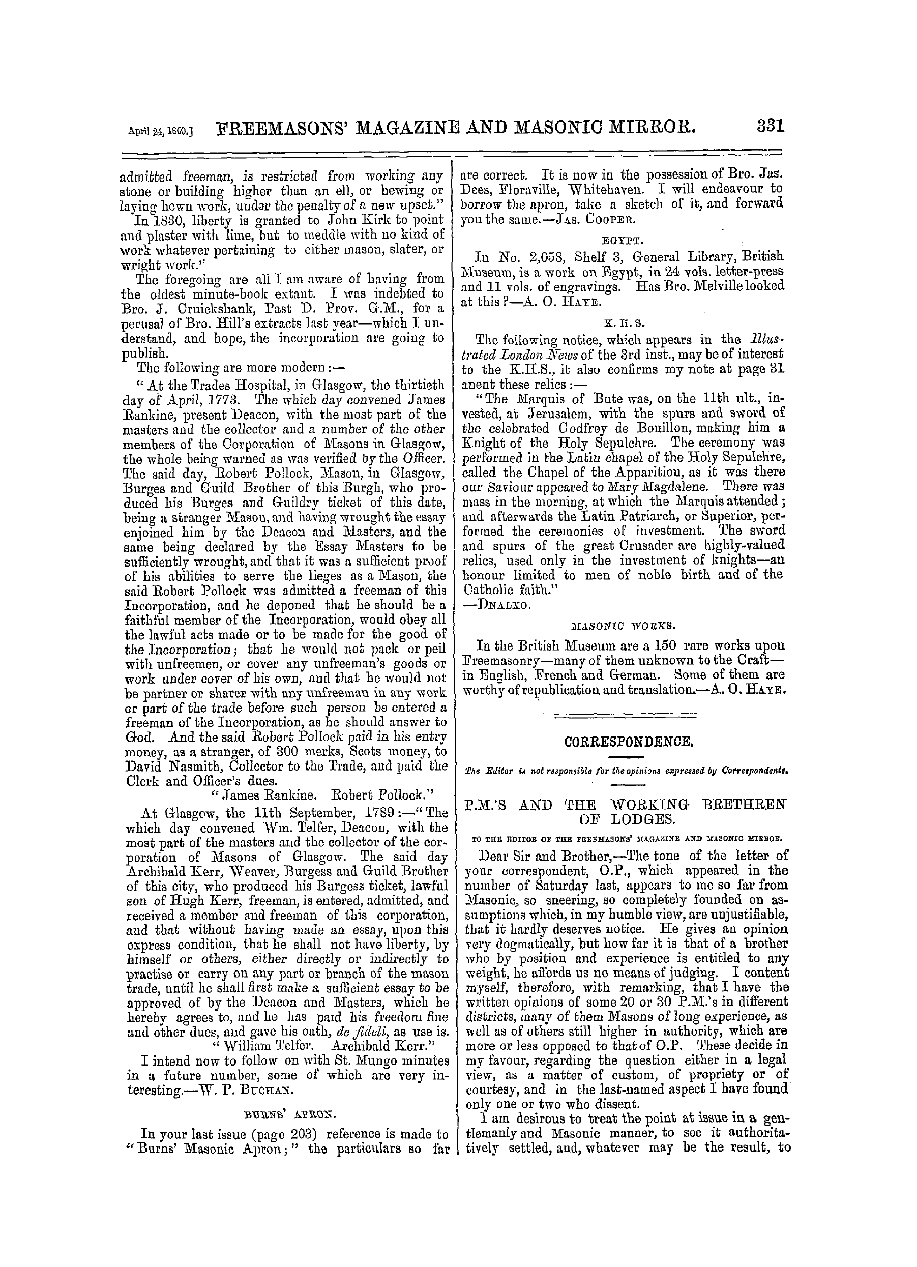 The Freemasons' Monthly Magazine: 1869-04-24 - Masonic Notes And Queries.