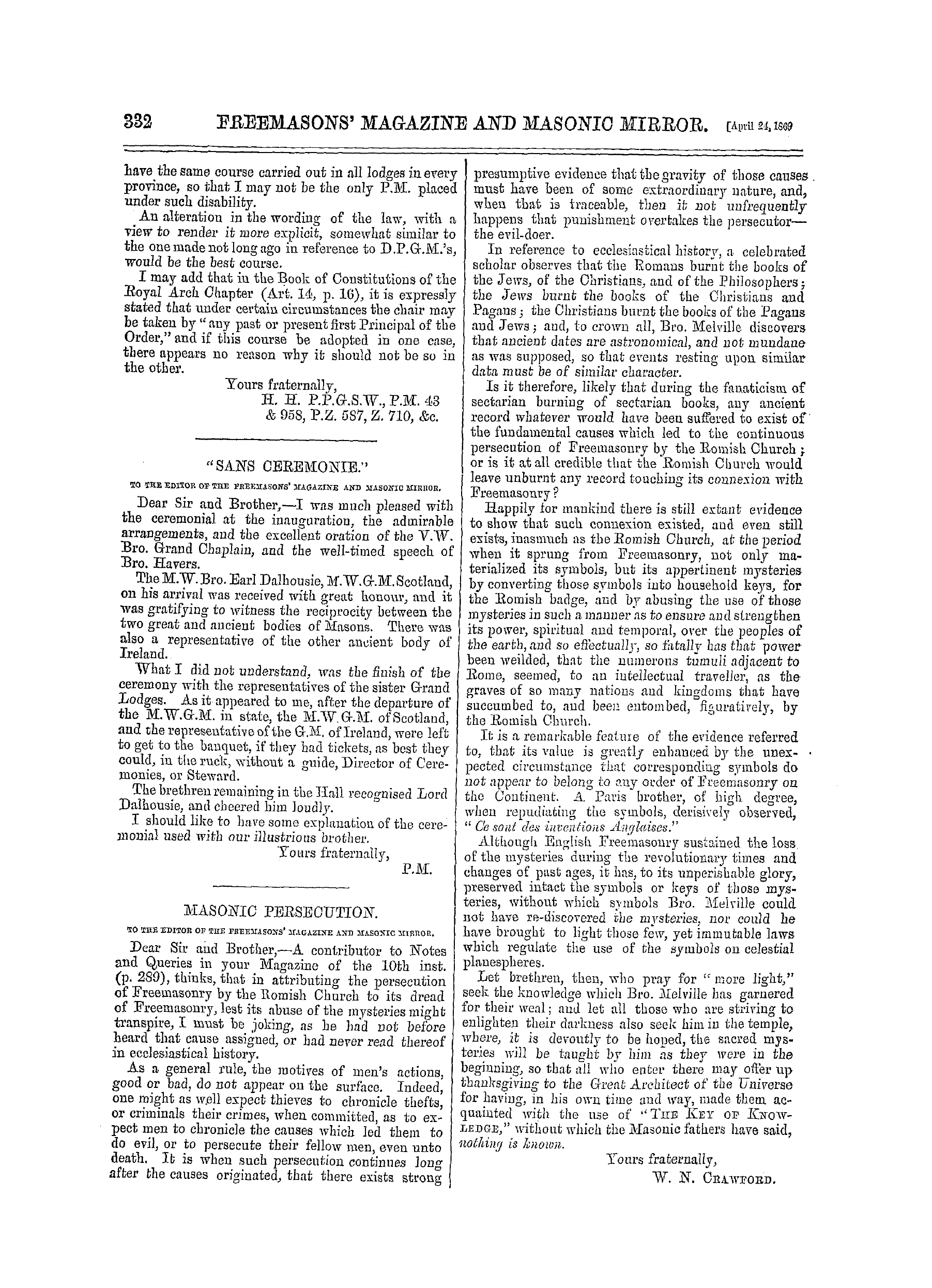 The Freemasons' Monthly Magazine: 1869-04-24 - P.M.'S And The Working Brethren Of Lodges.