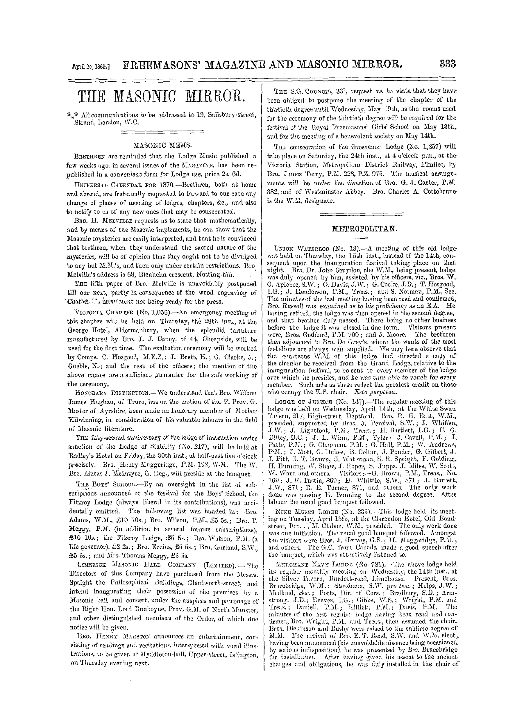 The Freemasons' Monthly Magazine: 1869-04-24 - Metropolitan.