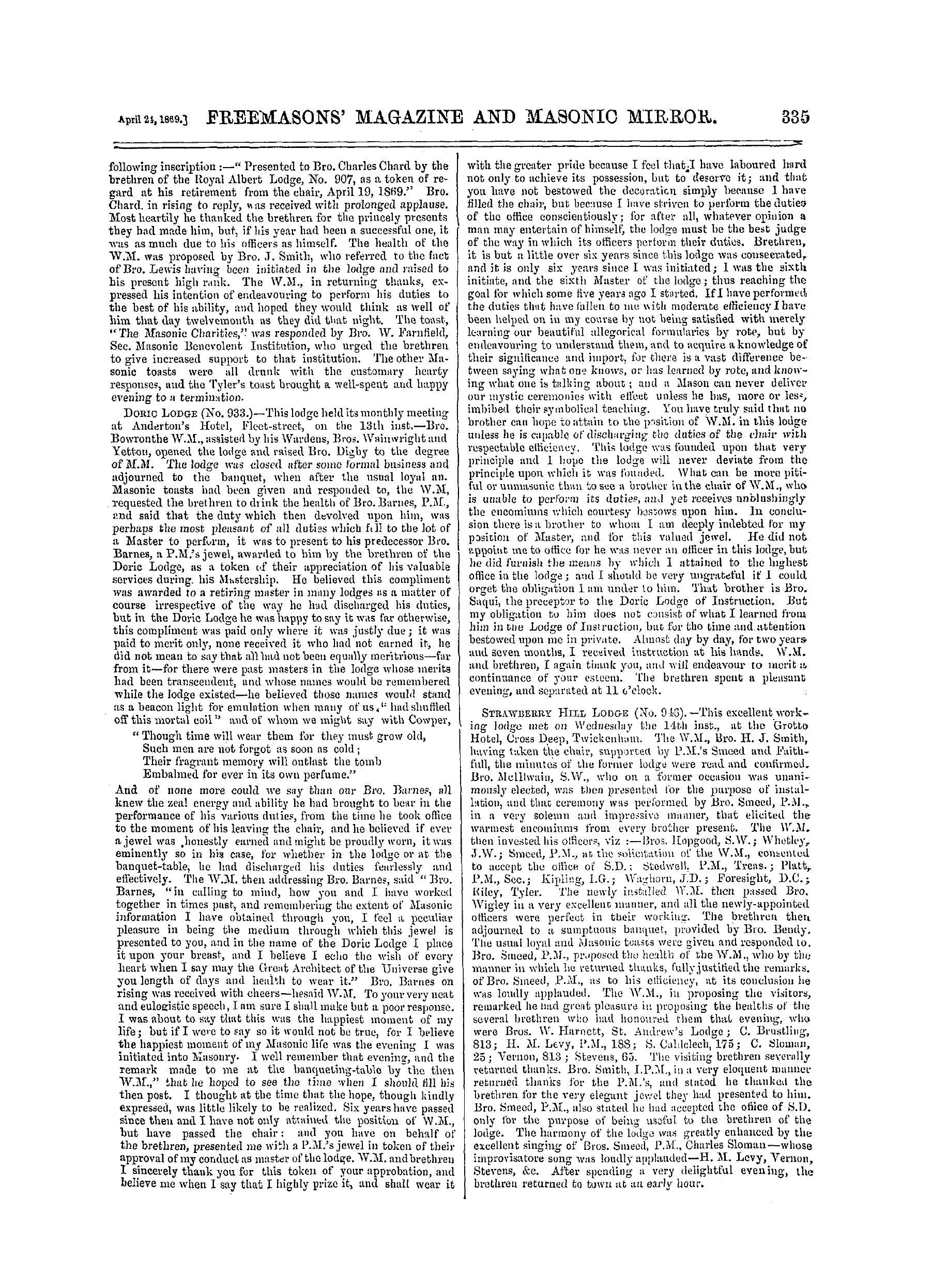 The Freemasons' Monthly Magazine: 1869-04-24 - Metropolitan.