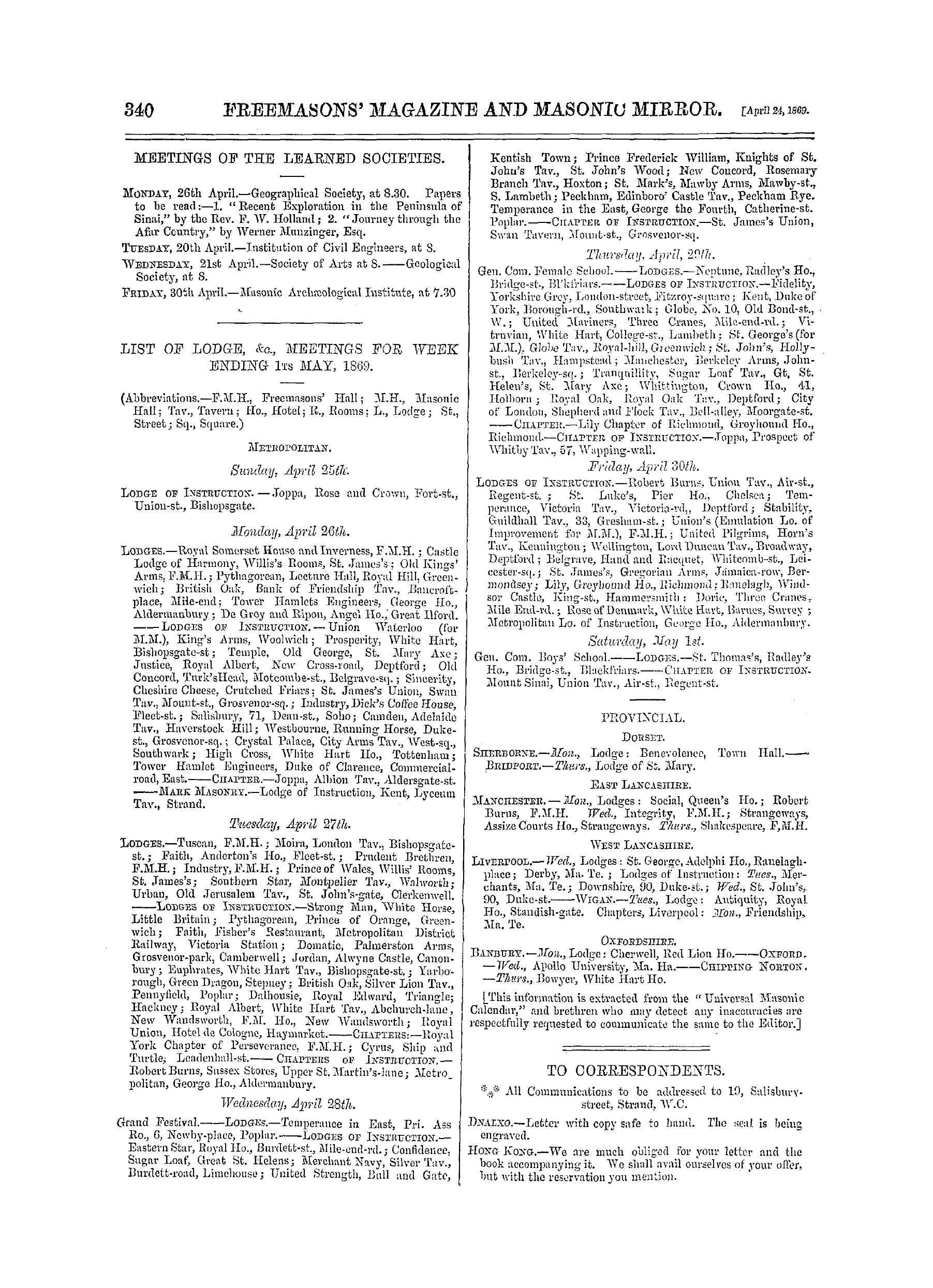 The Freemasons' Monthly Magazine: 1869-04-24 - List Of Lodge, &C., Meetings For Week Ending 1st May, 18 69.