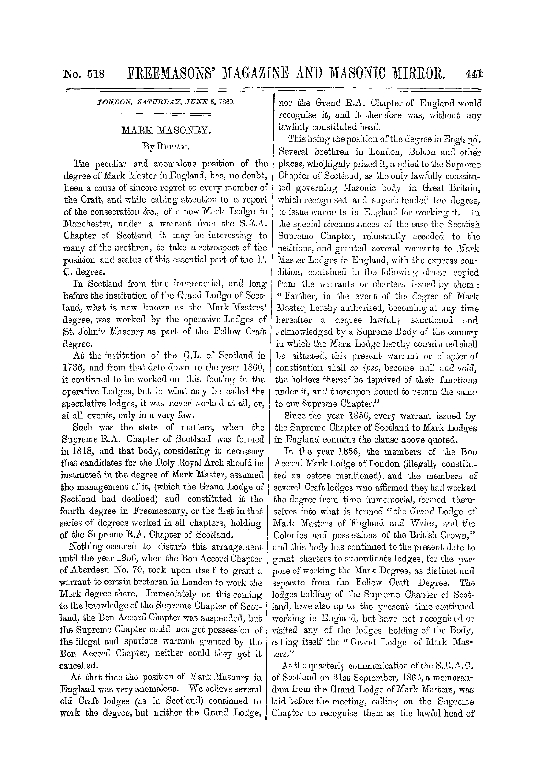 The Freemasons' Monthly Magazine: 1869-06-05 - Mark Masonry.
