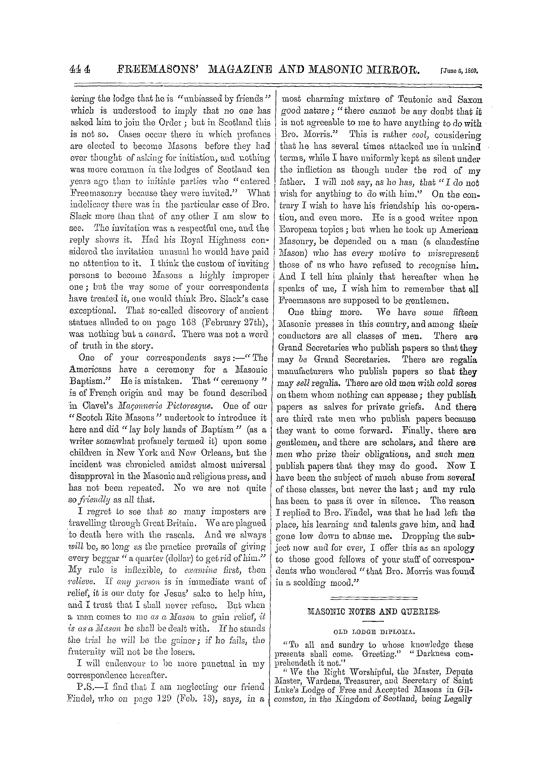 The Freemasons' Monthly Magazine: 1869-06-05 - American Correspondence.
