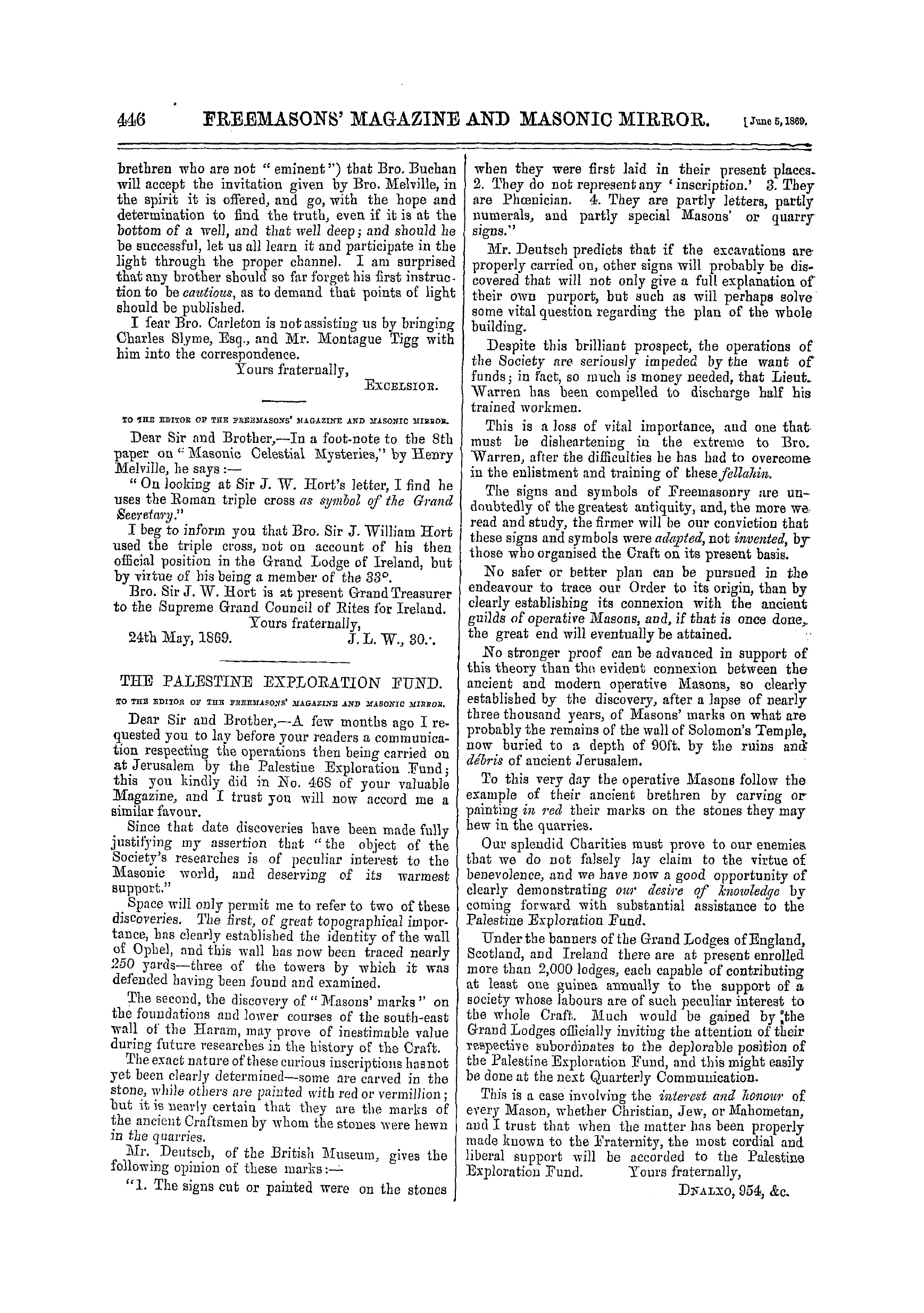The Freemasons' Monthly Magazine: 1869-06-05 - The Palestine Exploration Fund.