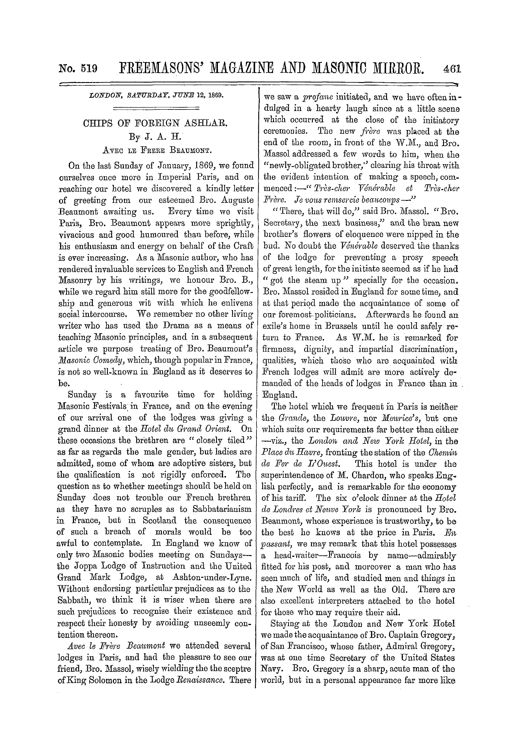 The Freemasons' Monthly Magazine: 1869-06-12 - Chips Of Foreign Ashlar.