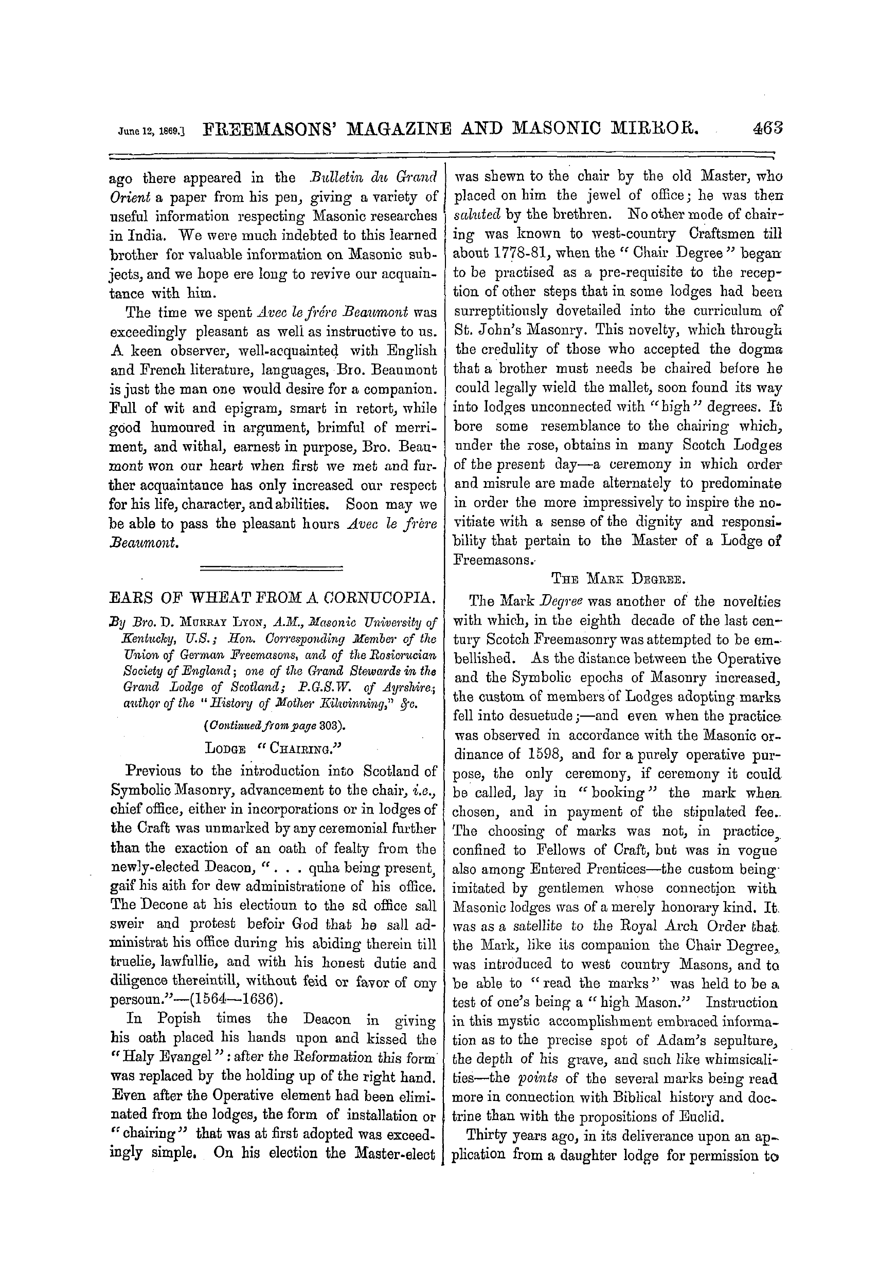 The Freemasons' Monthly Magazine: 1869-06-12 - Ears Of Wheat From A Cornucopia.