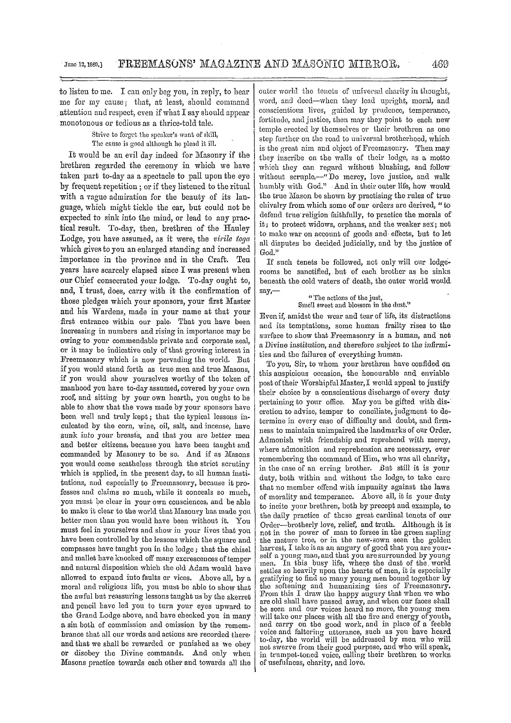 The Freemasons' Monthly Magazine: 1869-06-12 - Oration.