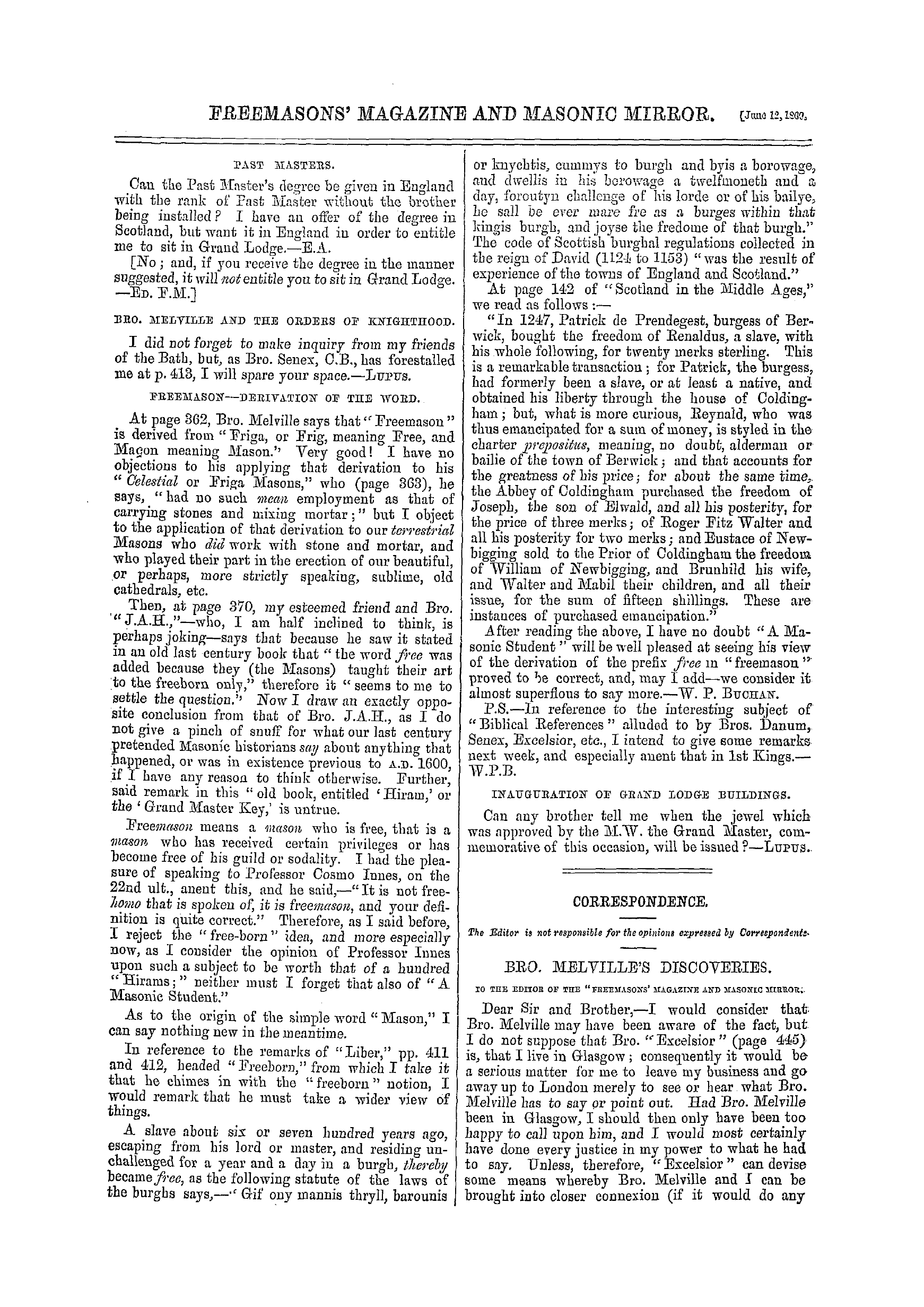 The Freemasons' Monthly Magazine: 1869-06-12 - Correspondence.