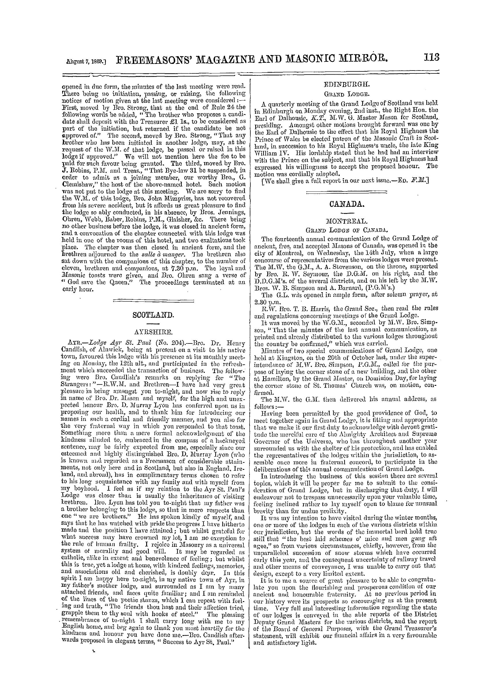 The Freemasons' Monthly Magazine: 1869-08-07 - Edinburgh.