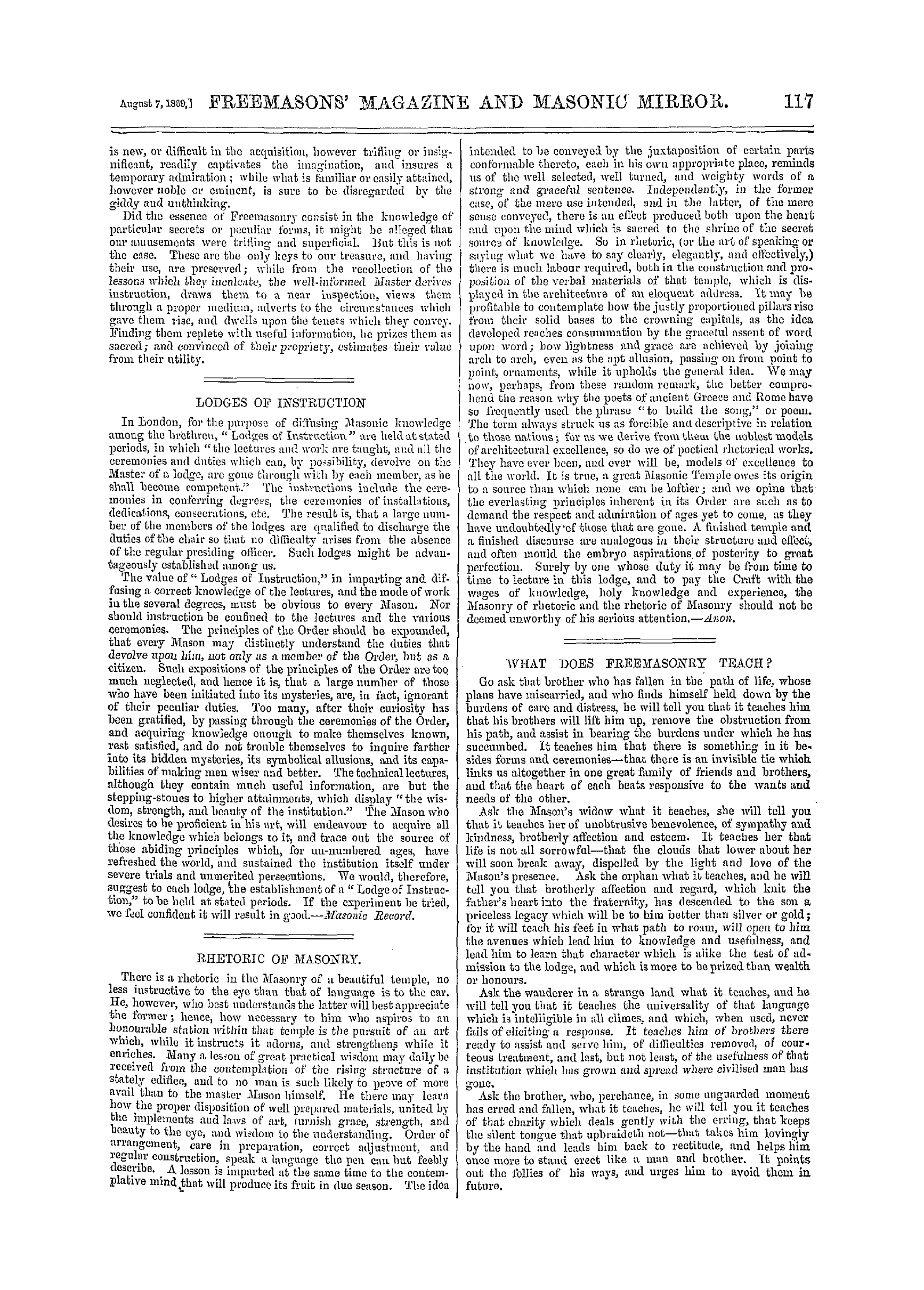 The Freemasons' Monthly Magazine: 1869-08-07 - What Does Freemasonry Teach?