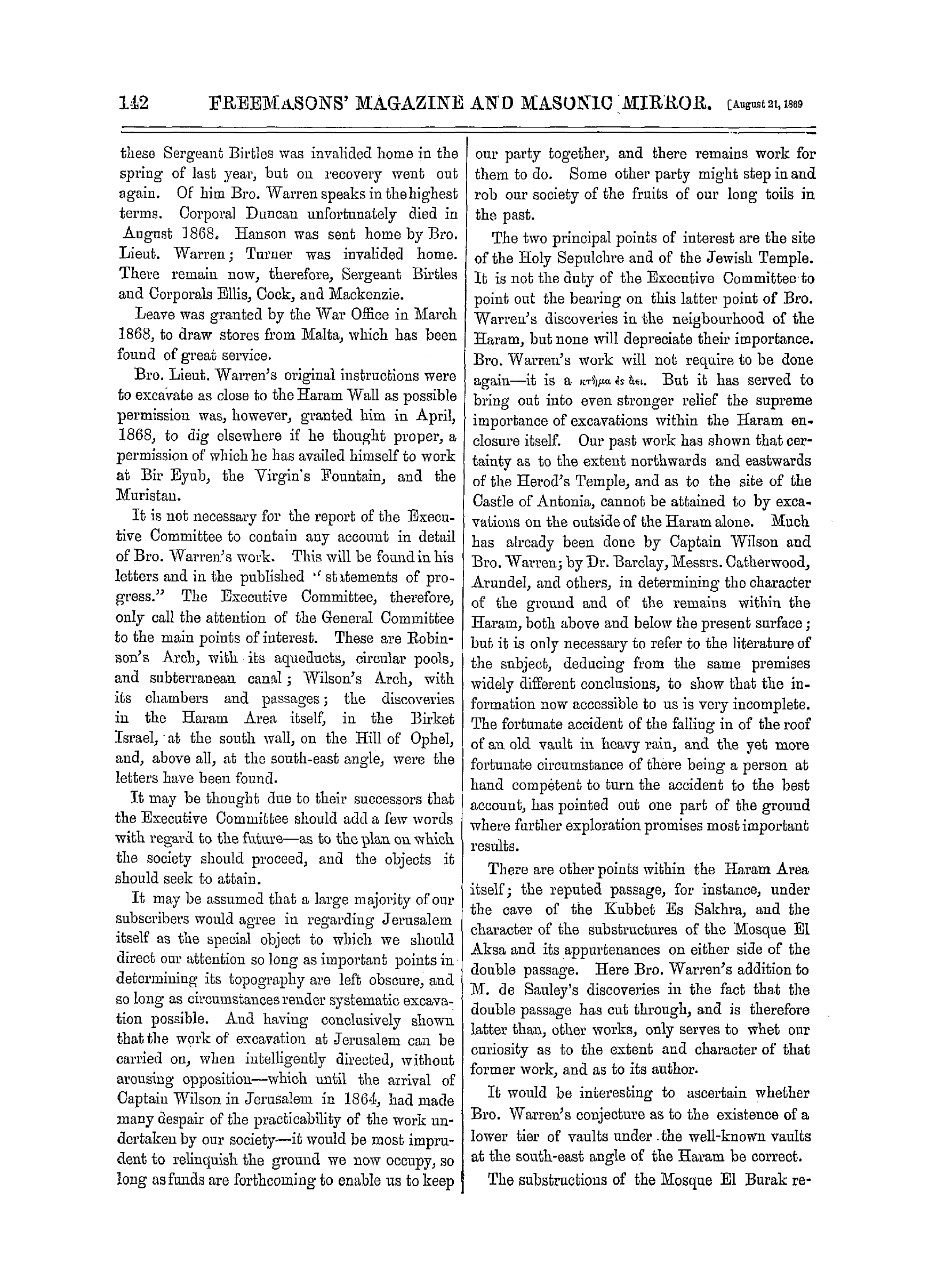 The Freemasons' Monthly Magazine: 1869-08-21 - The Palestine Exploration Fund.