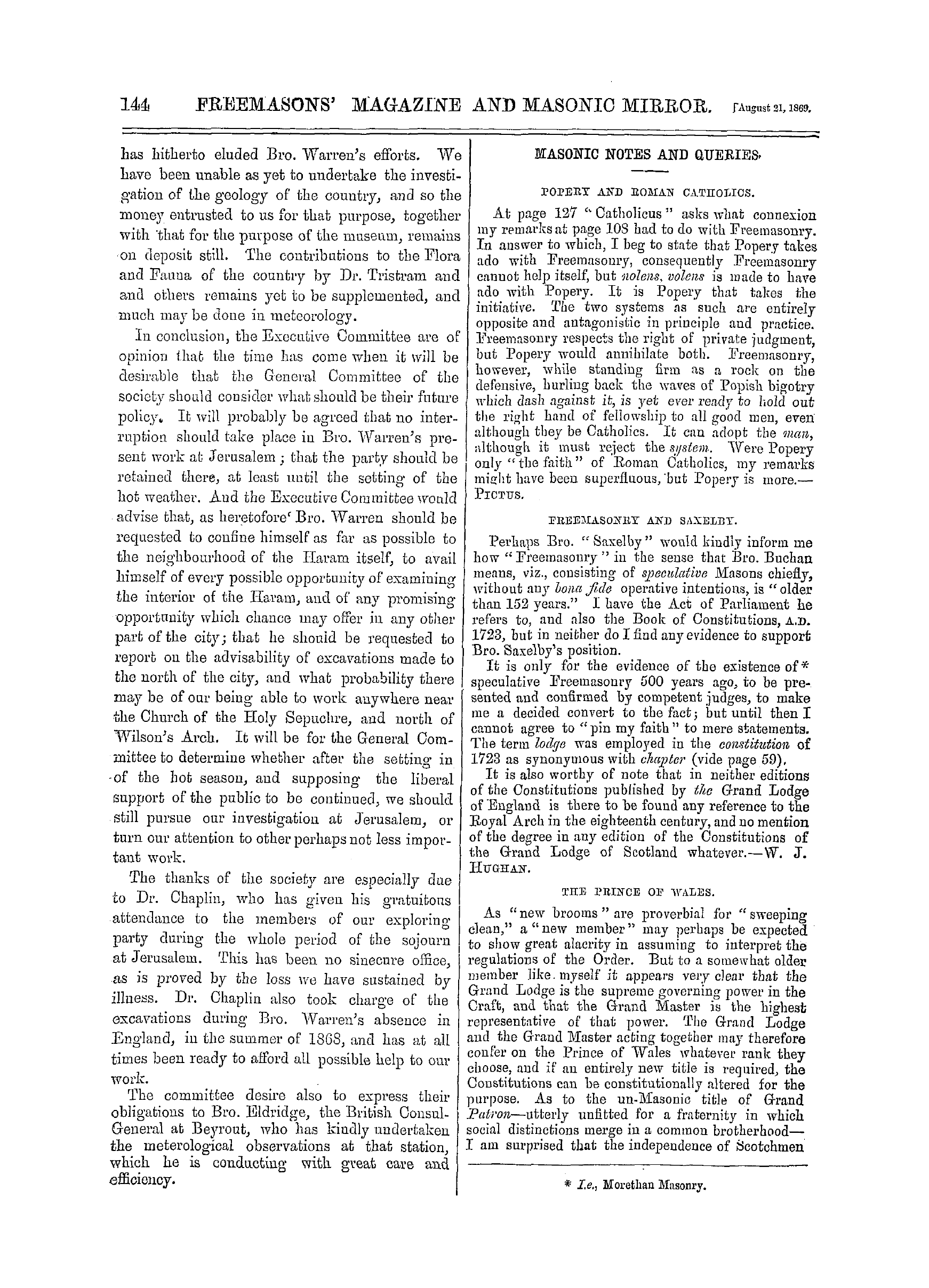 The Freemasons' Monthly Magazine: 1869-08-21 - The Palestine Exploration Fund.