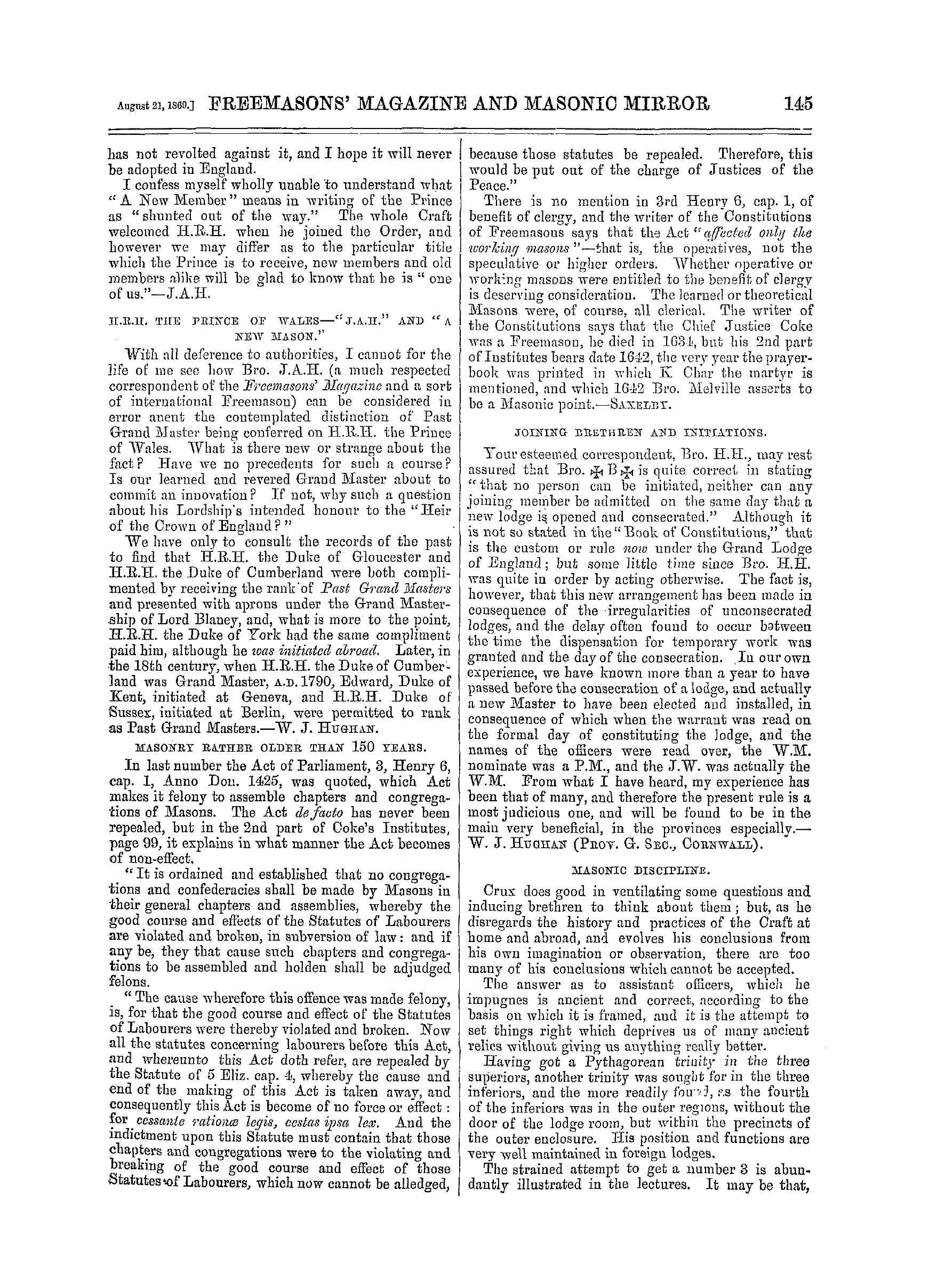 The Freemasons' Monthly Magazine: 1869-08-21 - Masonic Notes And Queries.