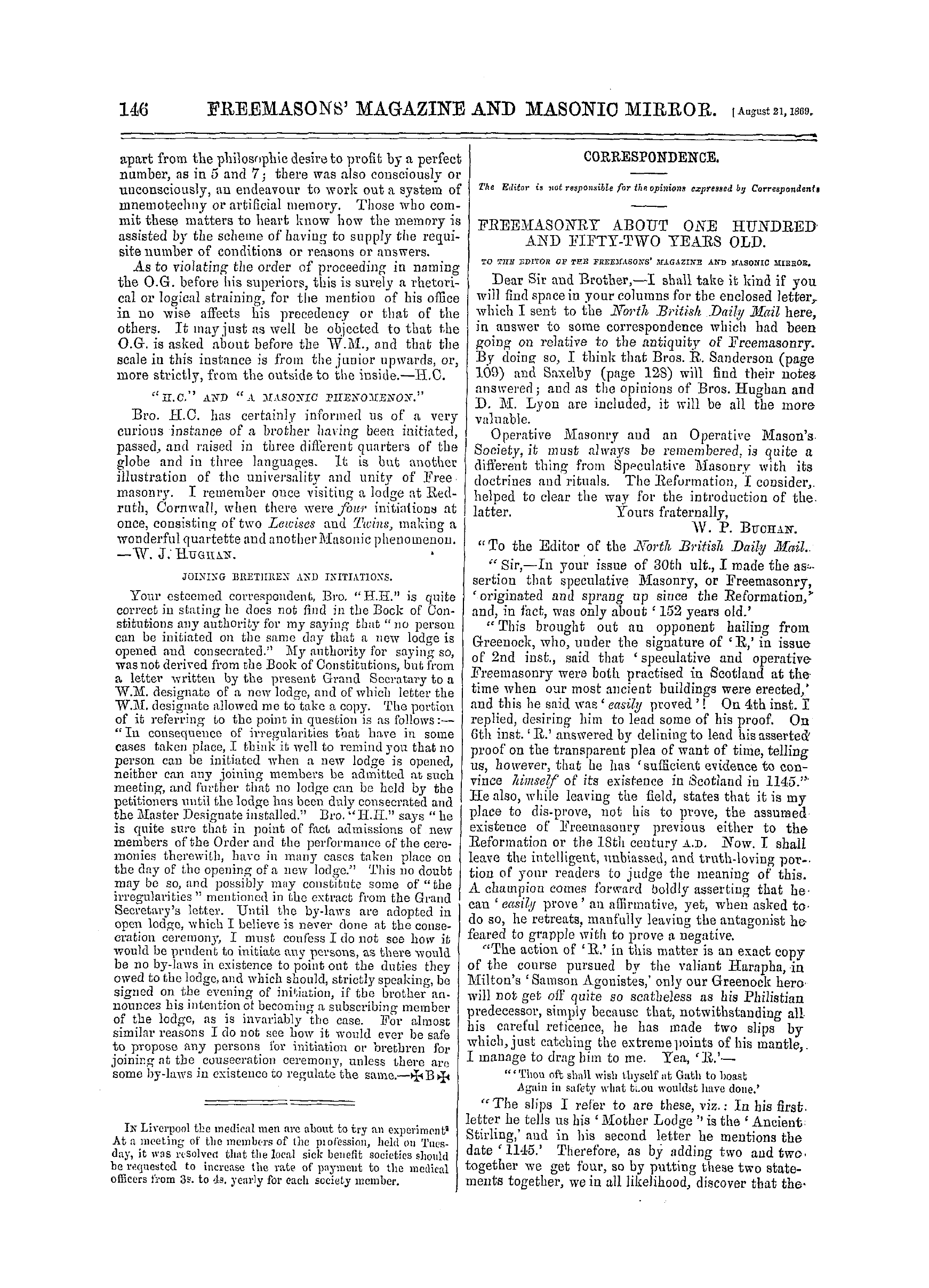 The Freemasons' Monthly Magazine: 1869-08-21 - Freemasonry About One Hundred And Fifty-Two Tears Old.