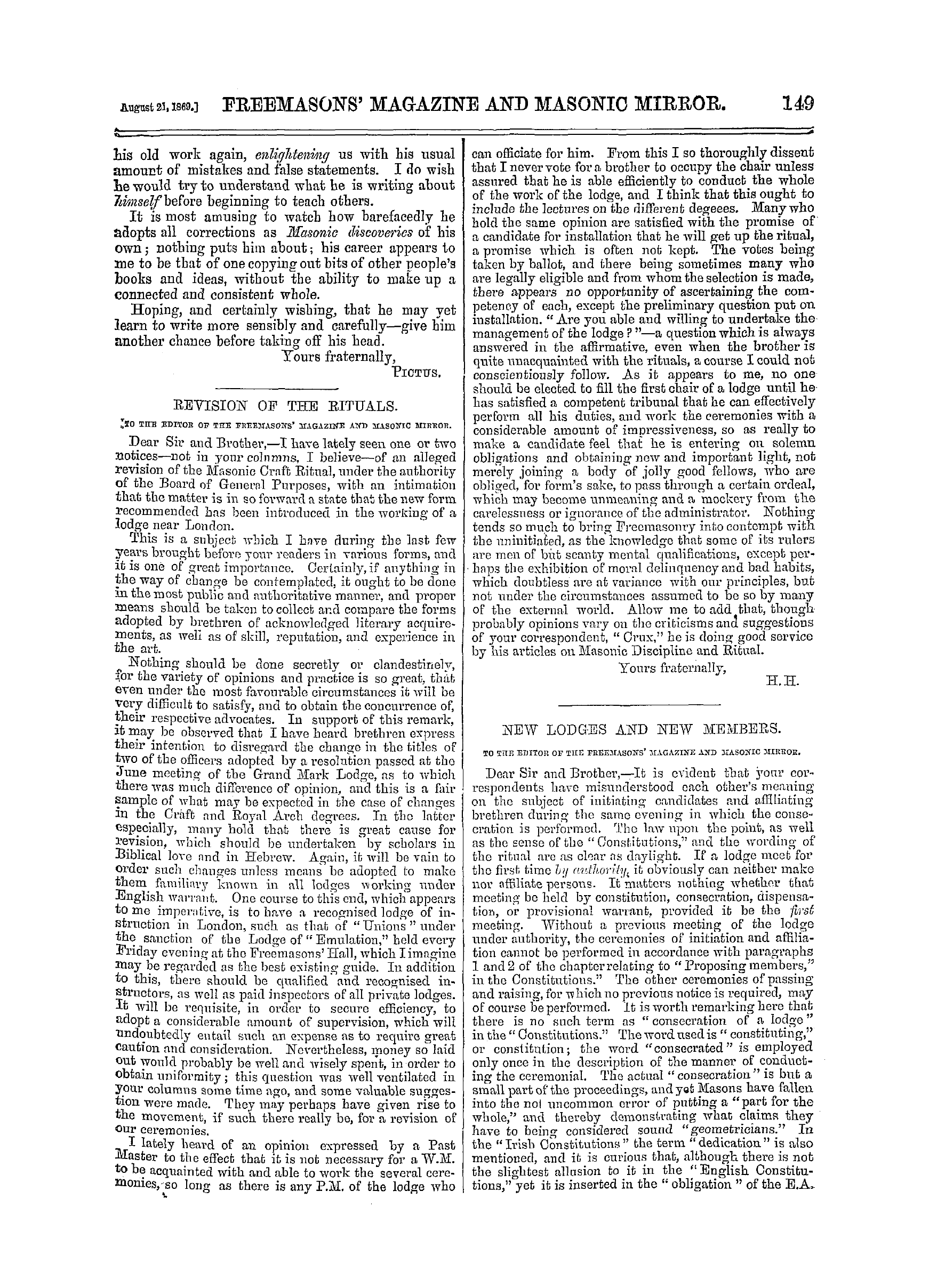 The Freemasons' Monthly Magazine: 1869-08-21 - Bibles, &C., And Decapitation Of Bro. Melville (P. 129.)