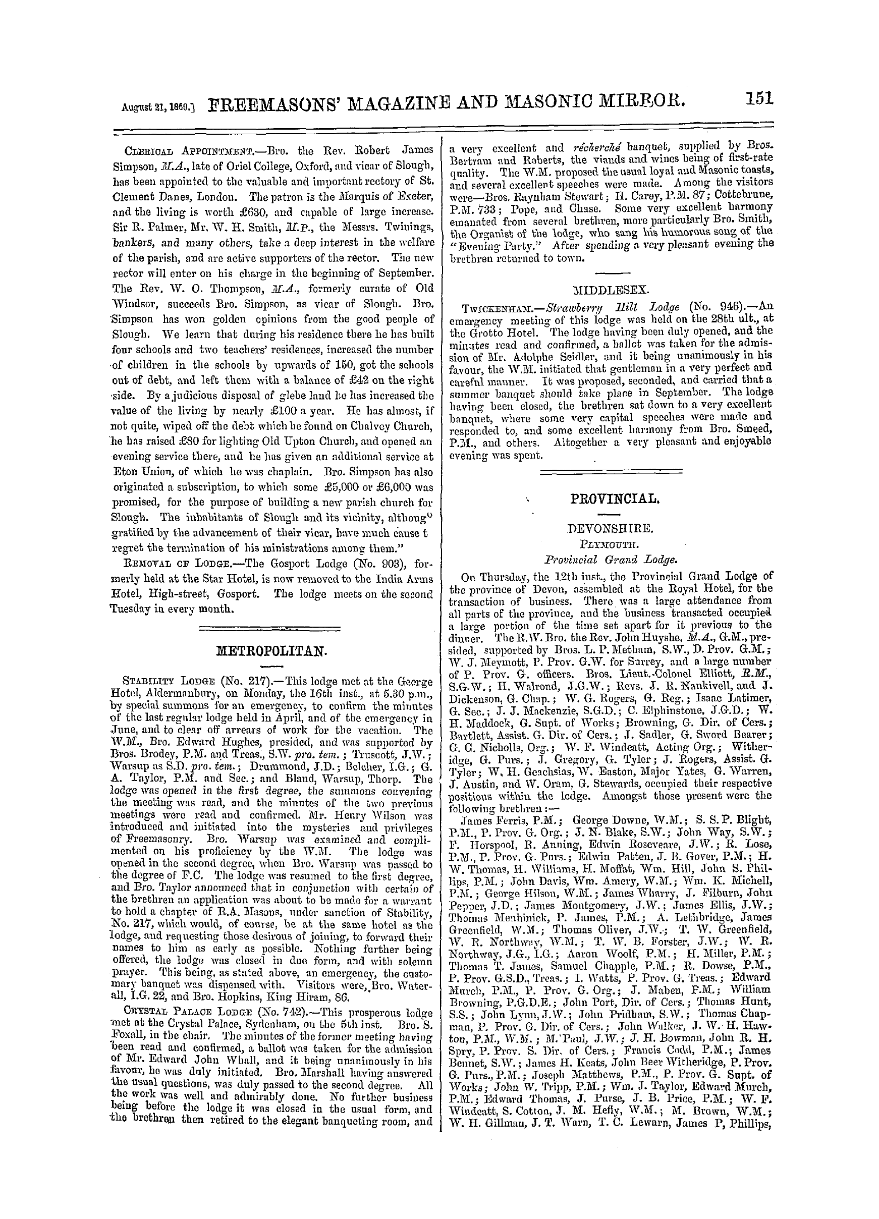 The Freemasons' Monthly Magazine: 1869-08-21 - Provincial.