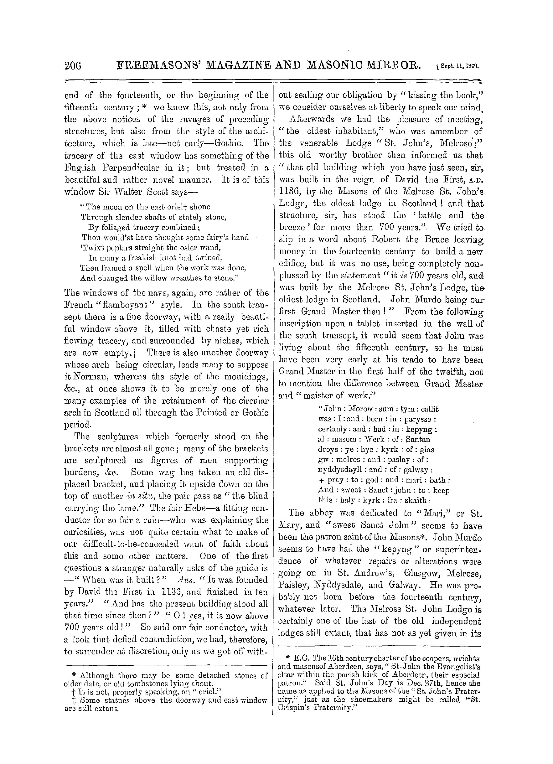 The Freemasons' Monthly Magazine: 1869-09-11 - Melrose Abbey And Lodge.