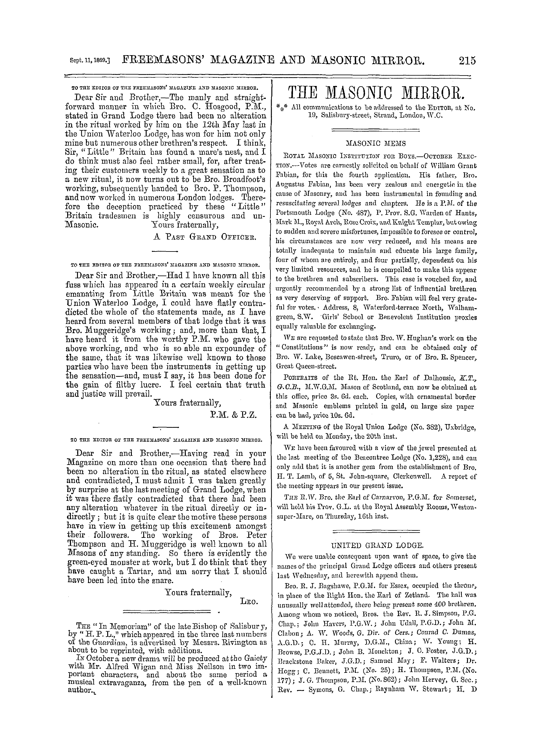 The Freemasons' Monthly Magazine: 1869-09-11 - United Grand Lodge.