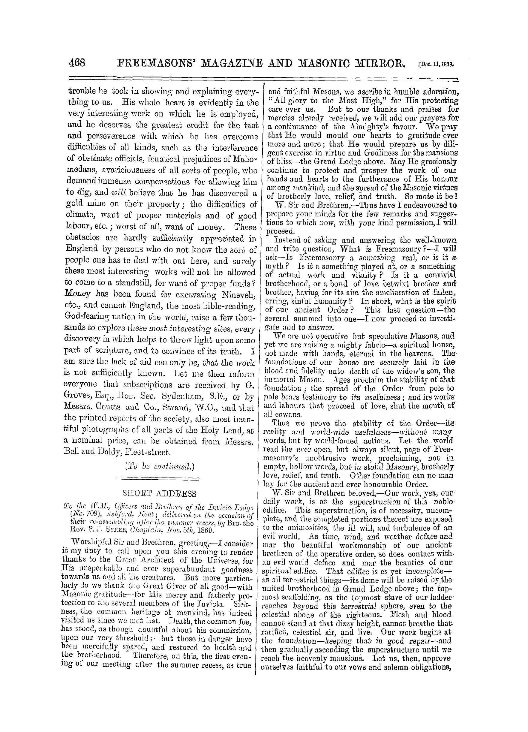 The Freemasons' Monthly Magazine: 1869-12-11 - Short Address