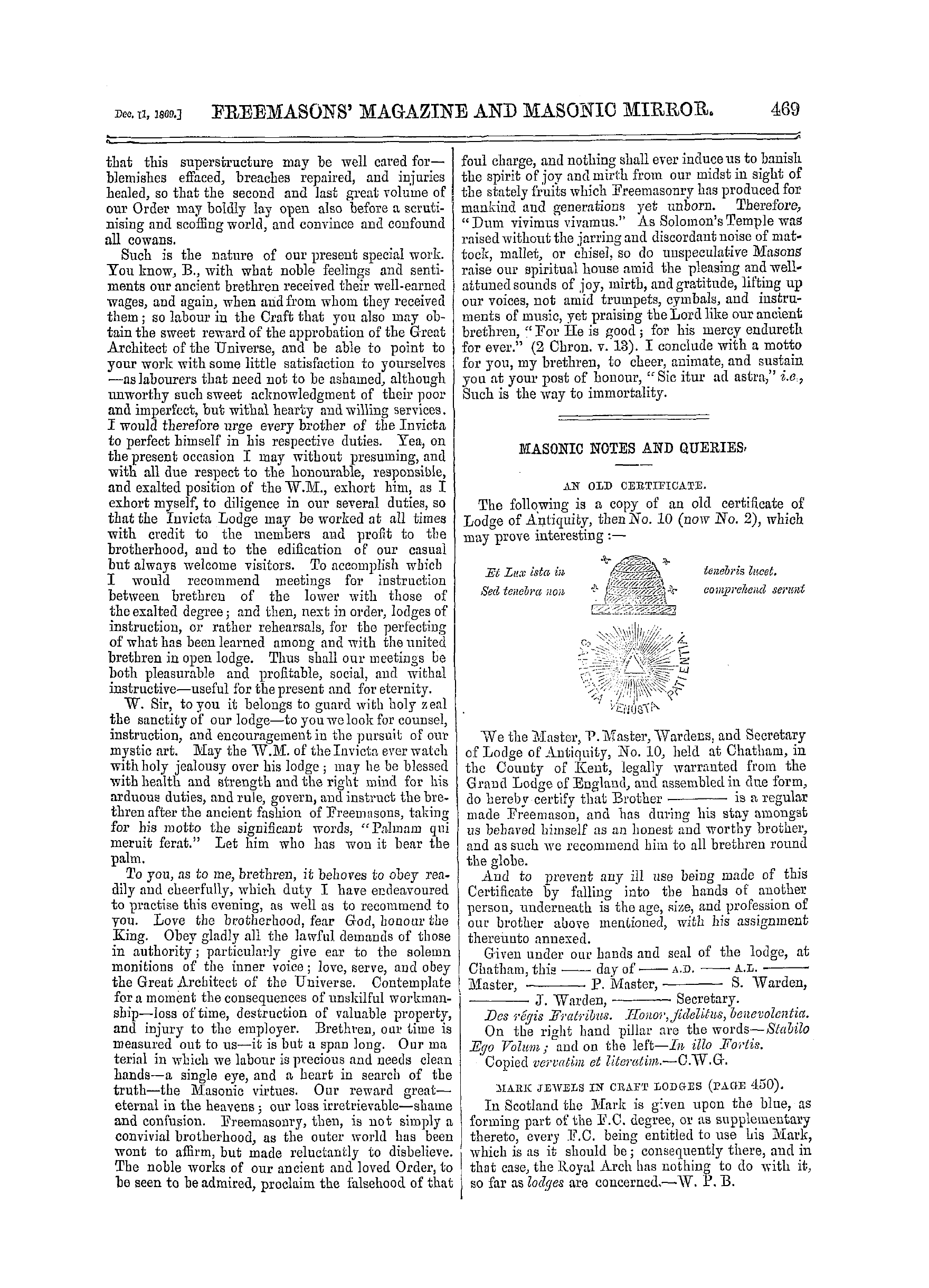 The Freemasons' Monthly Magazine: 1869-12-11 - Short Address