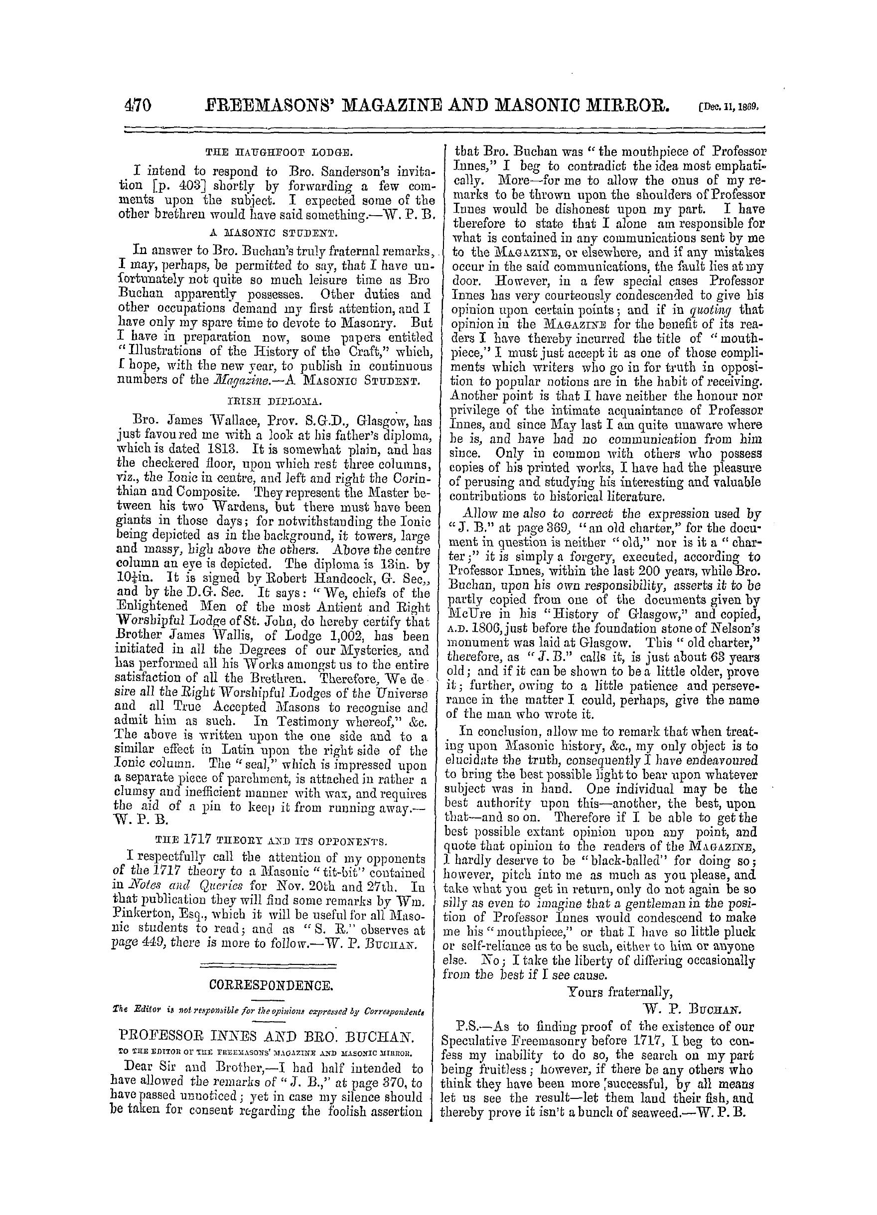 The Freemasons' Monthly Magazine: 1869-12-11 - Correspondence.