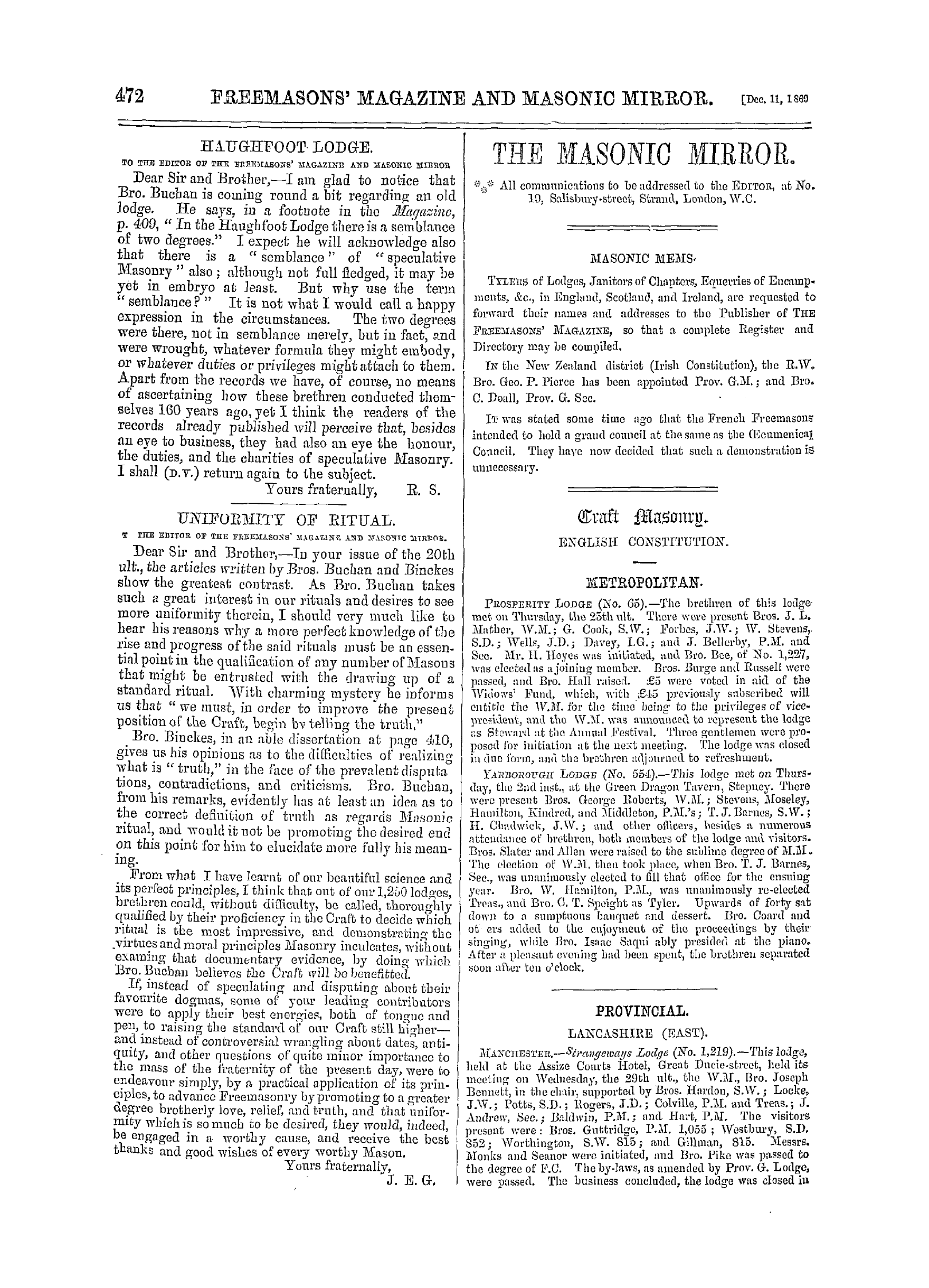 The Freemasons' Monthly Magazine: 1869-12-11 - Provincial.