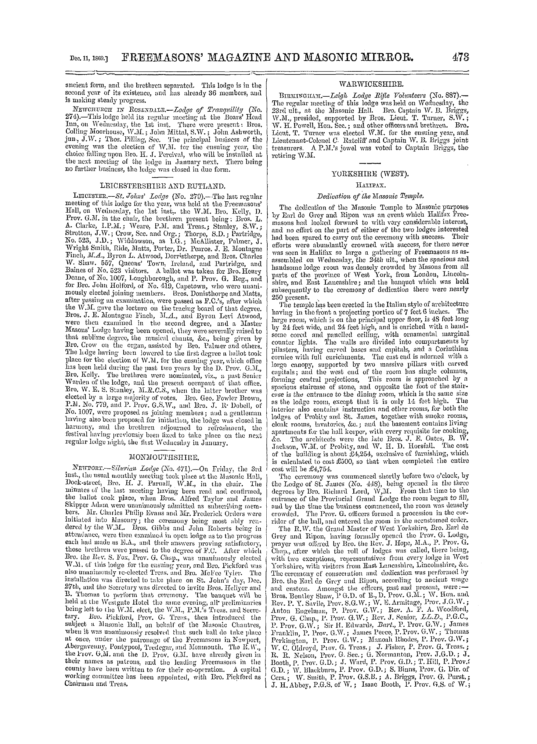 The Freemasons' Monthly Magazine: 1869-12-11 - Provincial.