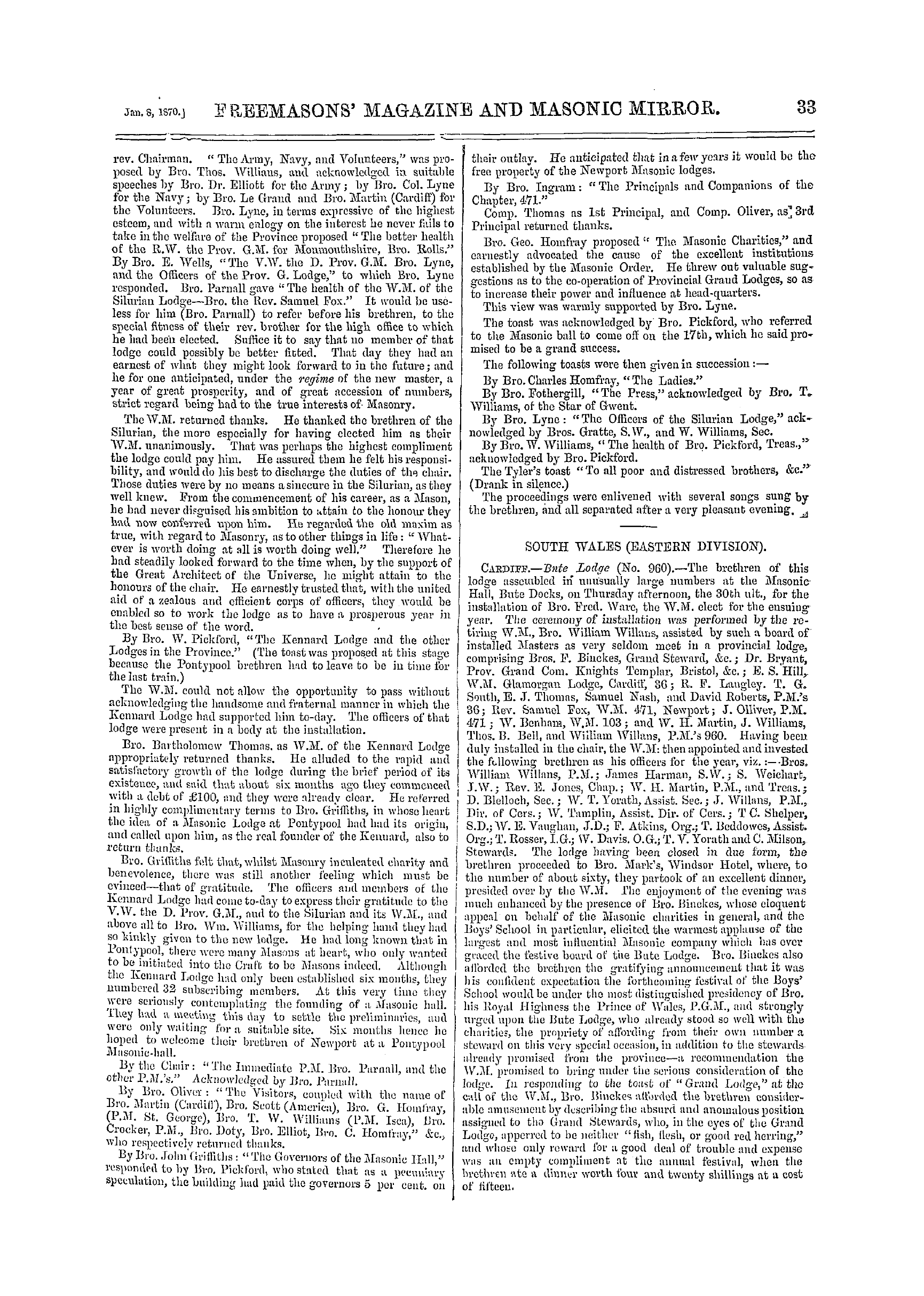 The Freemasons' Monthly Magazine: 1870-01-08 - Provincial.