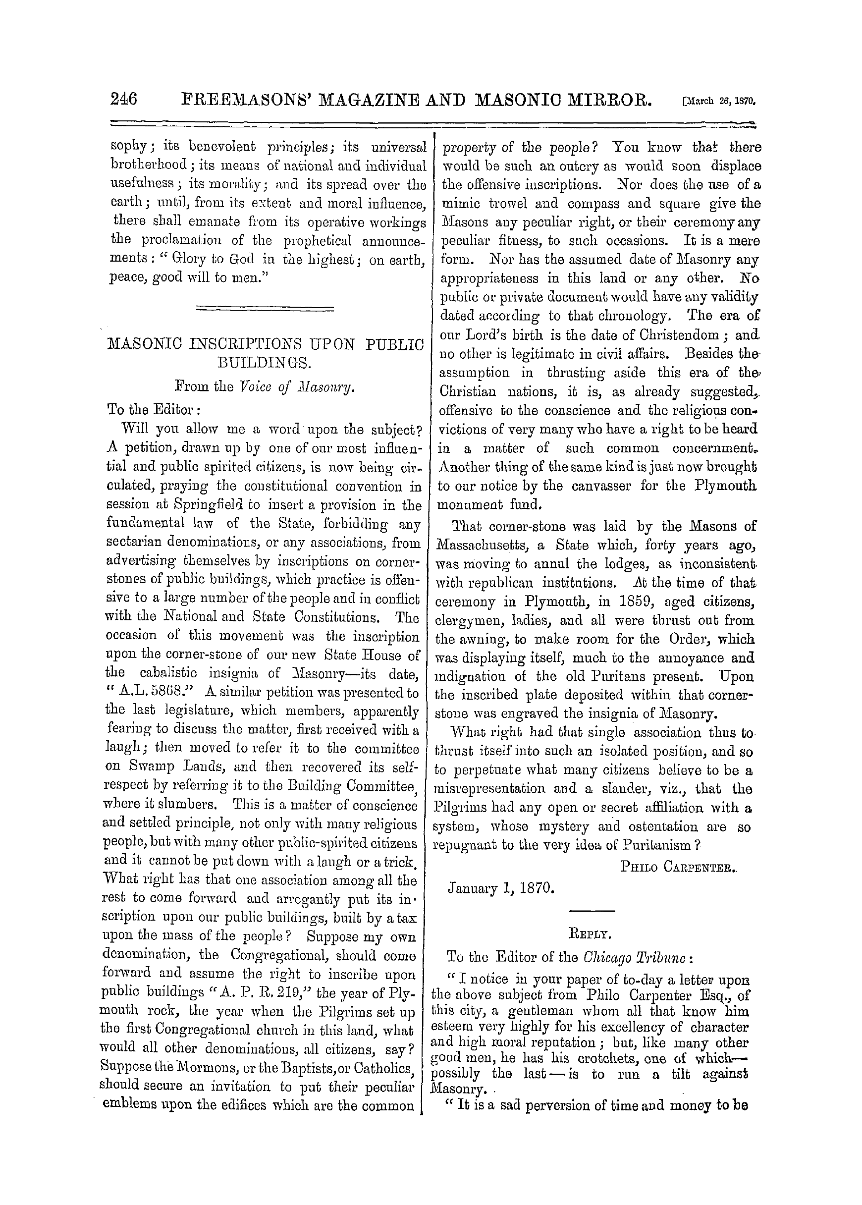 The Freemasons' Monthly Magazine: 1870-03-26 - Masonic Inscriptions Upon Public Buildings.