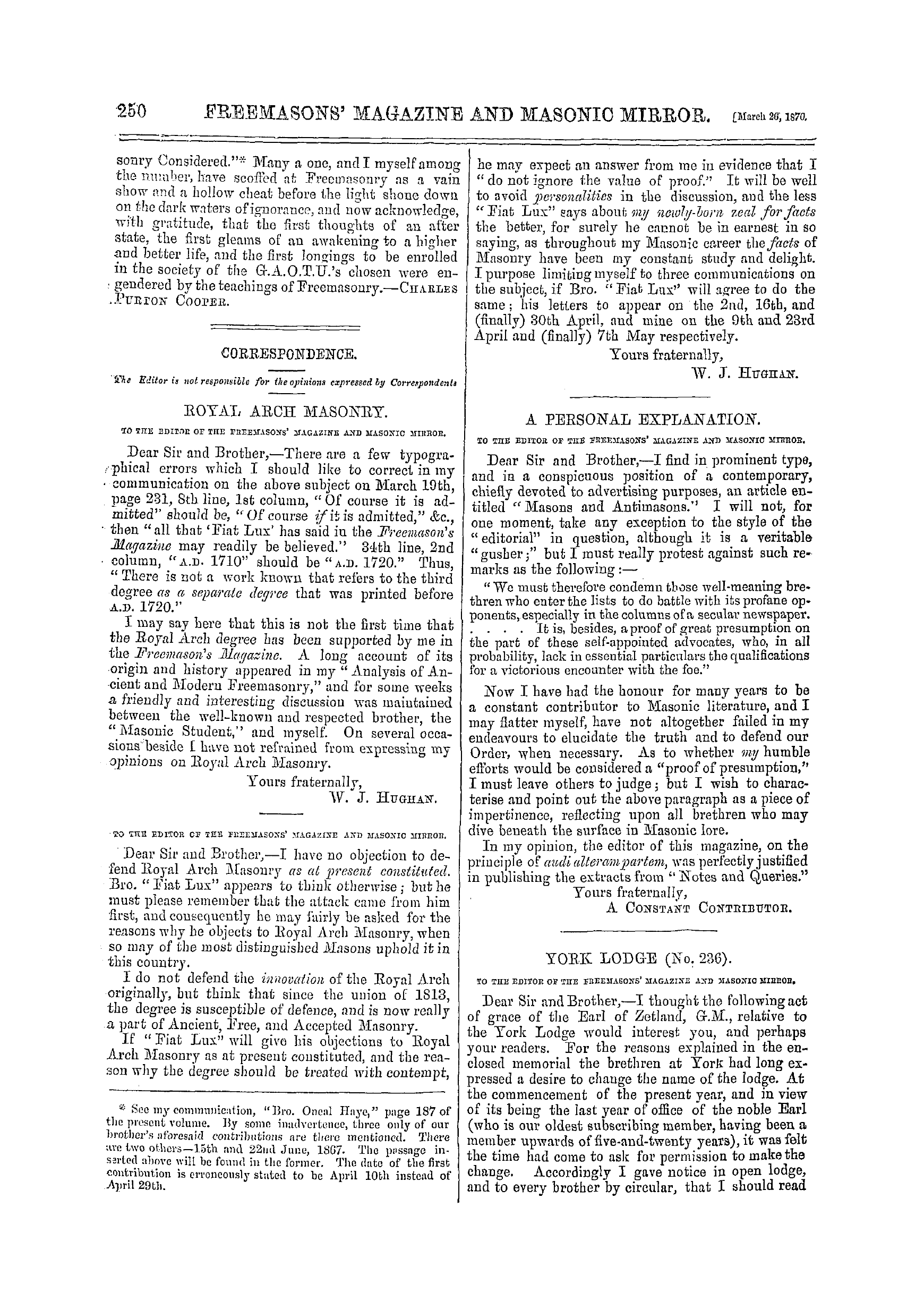 The Freemasons' Monthly Magazine: 1870-03-26 - Correspondence.