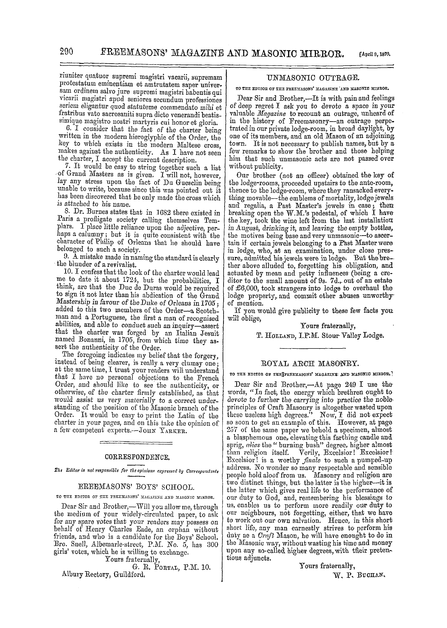 The Freemasons' Monthly Magazine: 1870-04-09 - Correspondence.